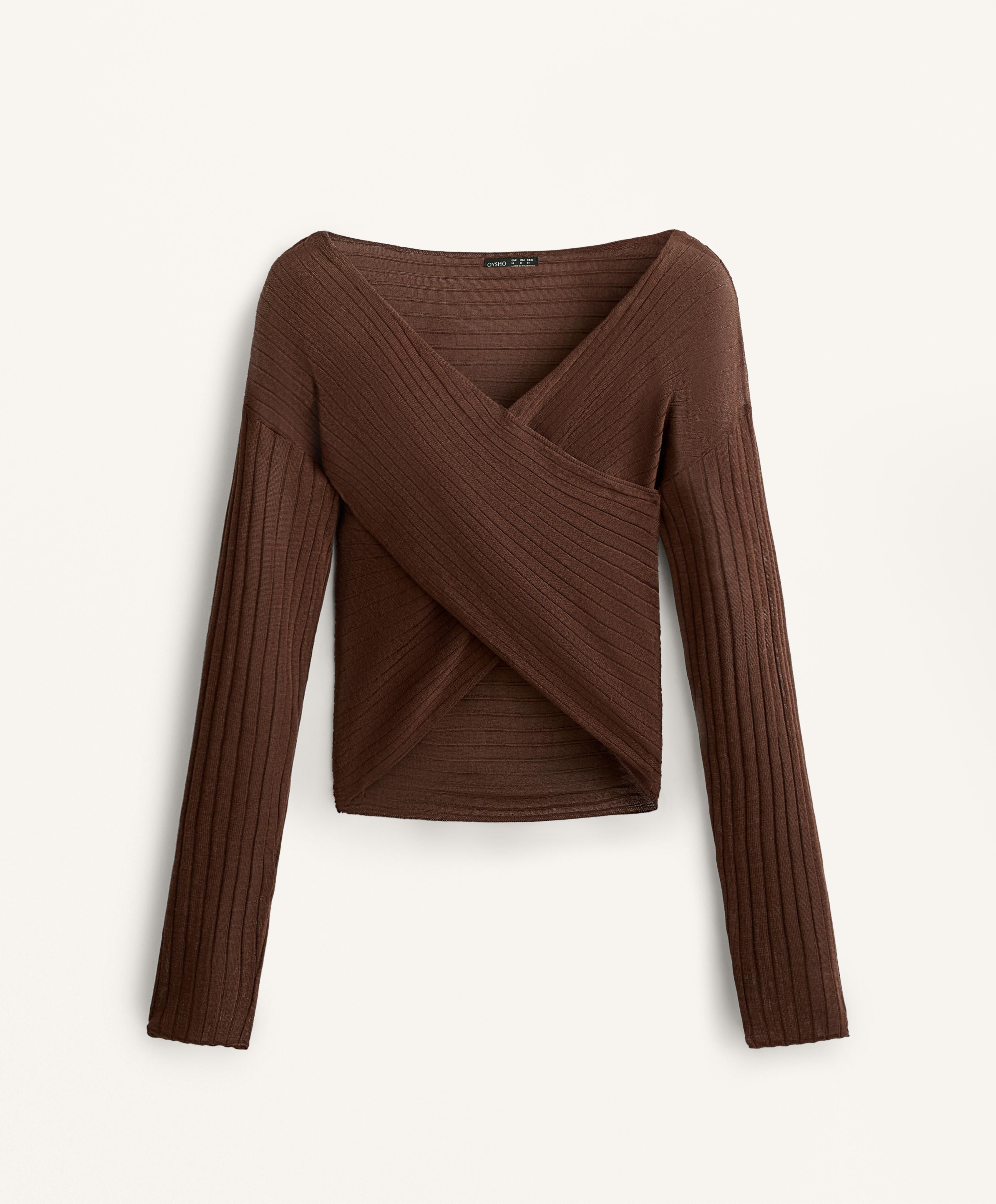SEMI SHEER FINE KNIT RIB CROSSOVER JUMPER