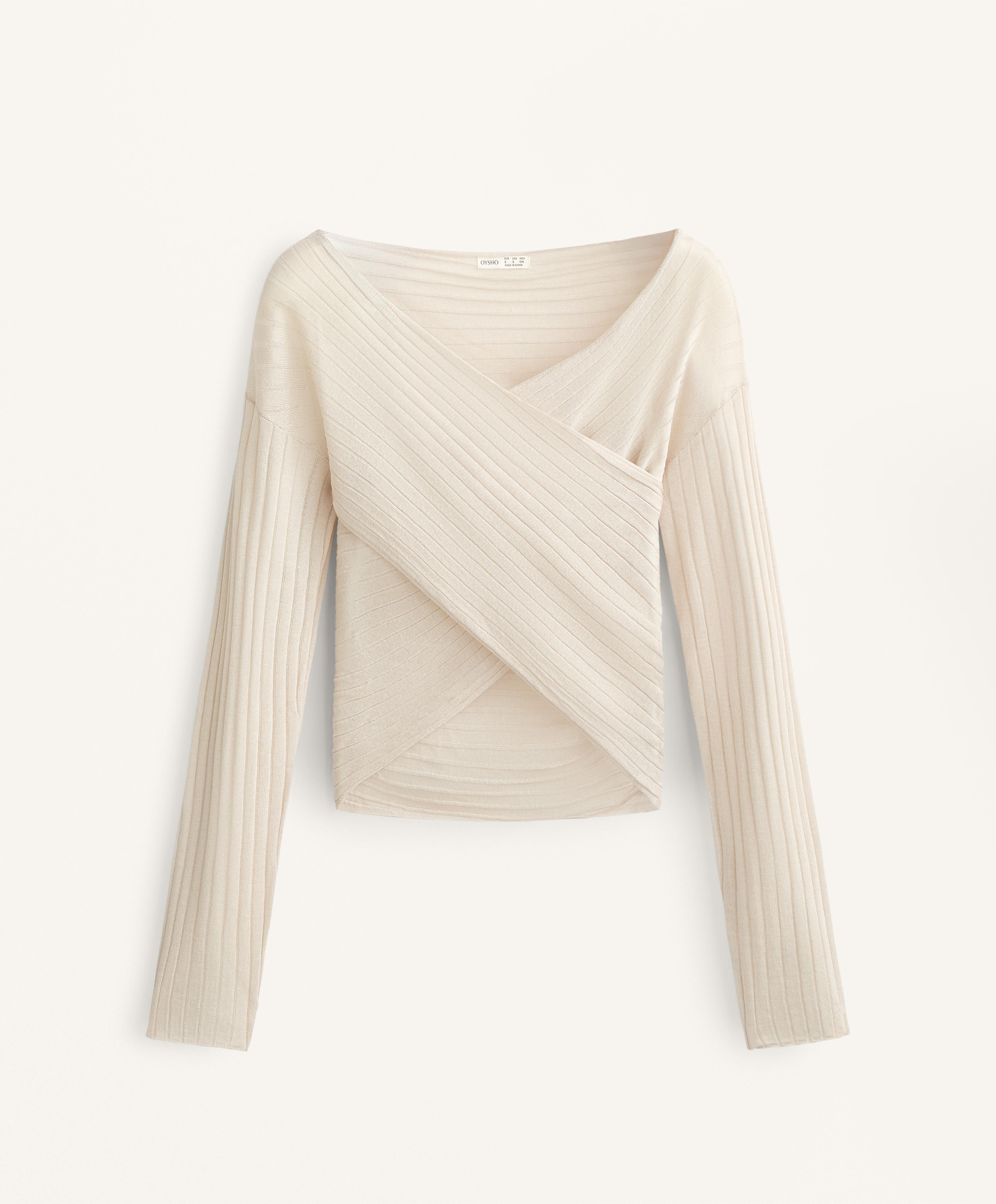 SEMI SHEER FINE KNIT RIB CROSSOVER JUMPER