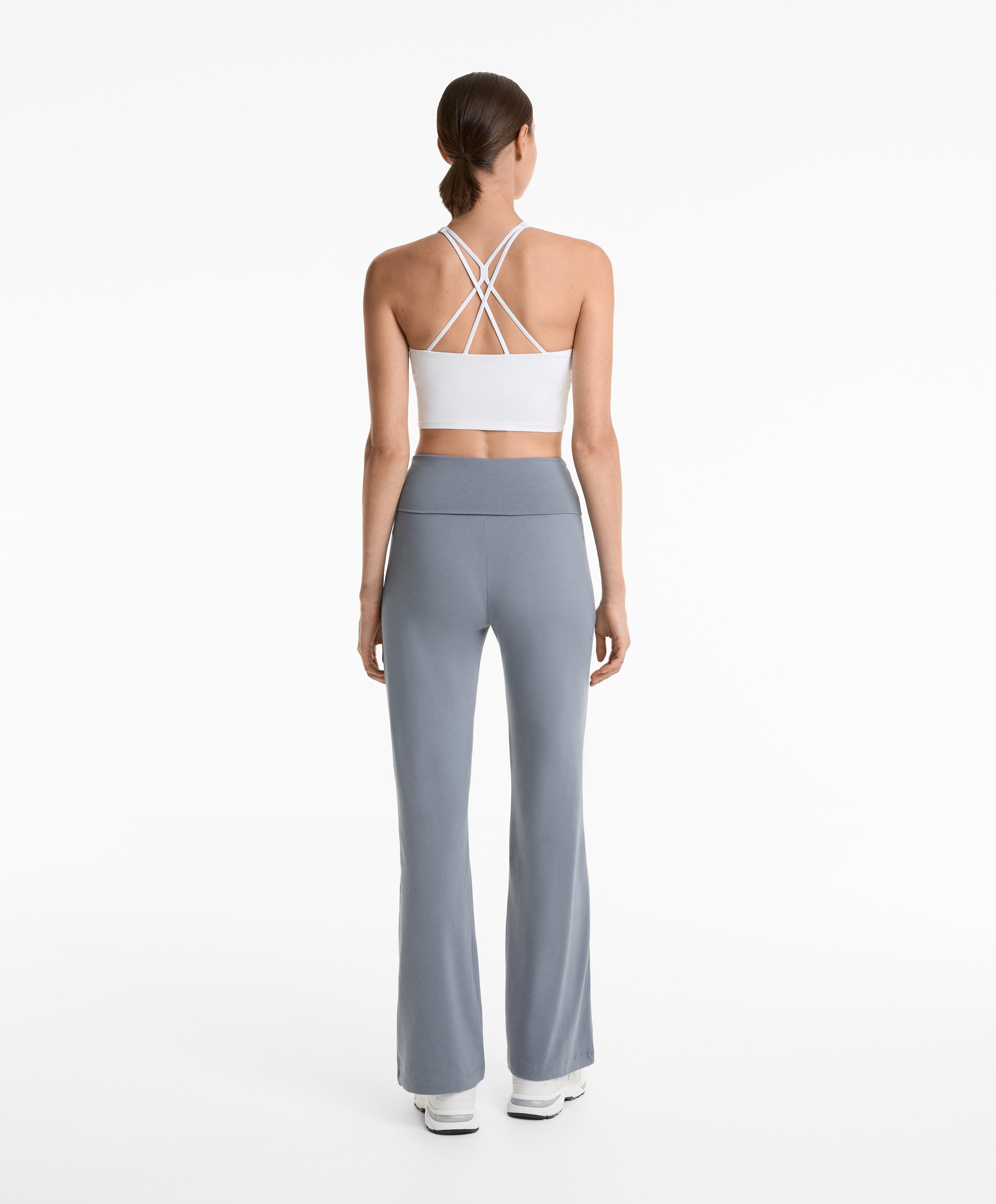 TURN UP WAIST FLARE LEG COTTON BLEND TROUSERS
