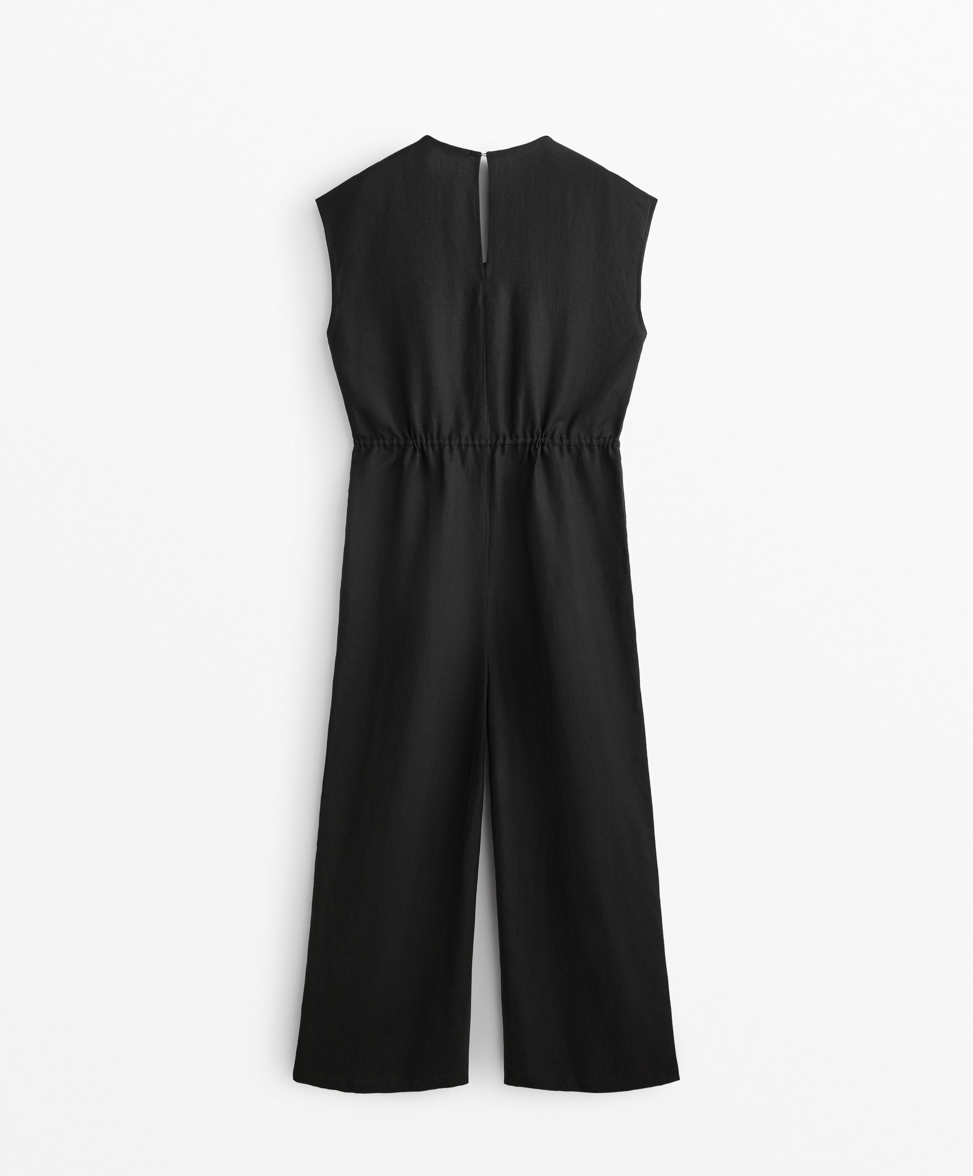 LINEN BLEND LONG JUMPSUIT WITH GATHERED WAIST