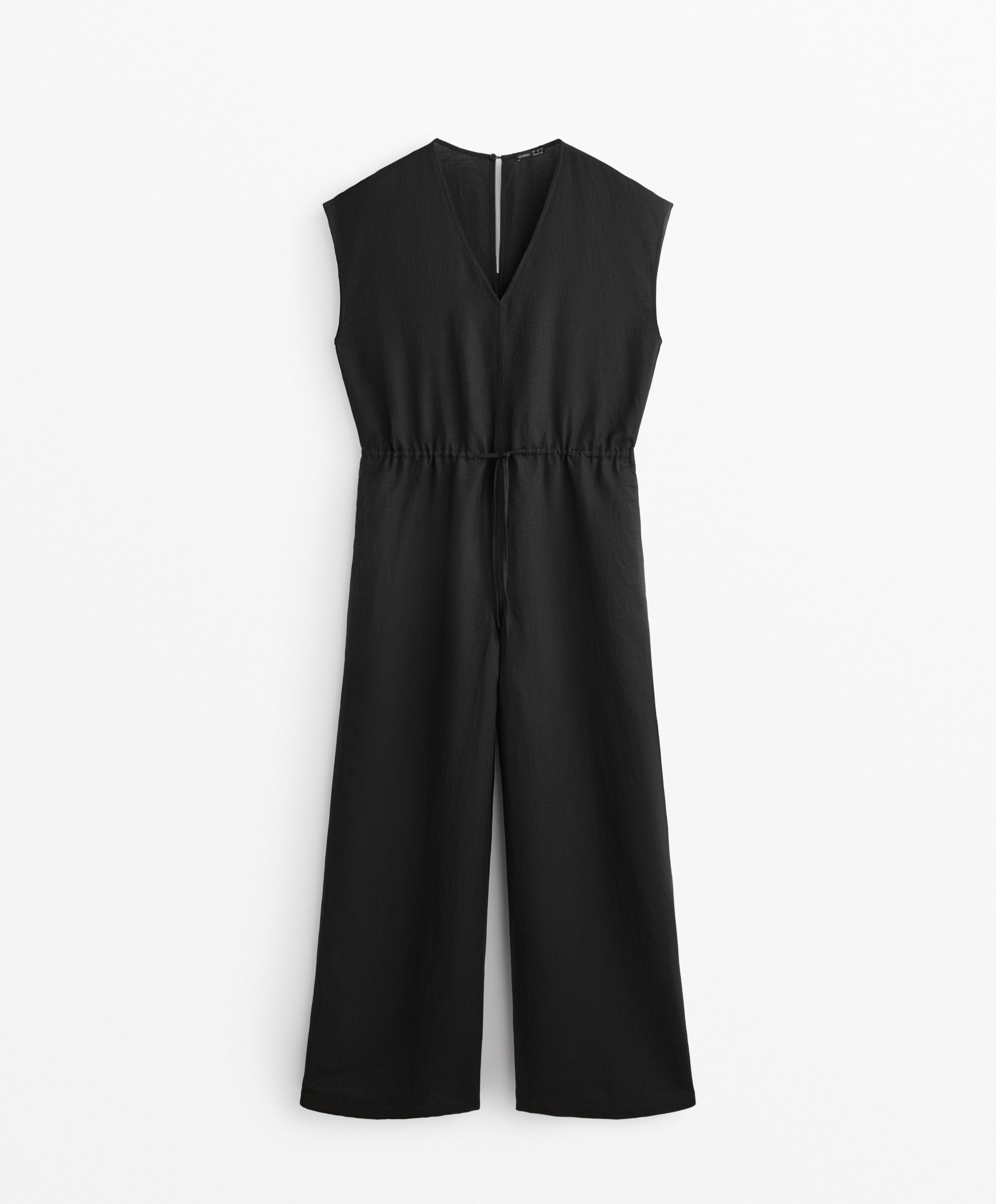 LINEN BLEND LONG JUMPSUIT WITH GATHERED WAIST