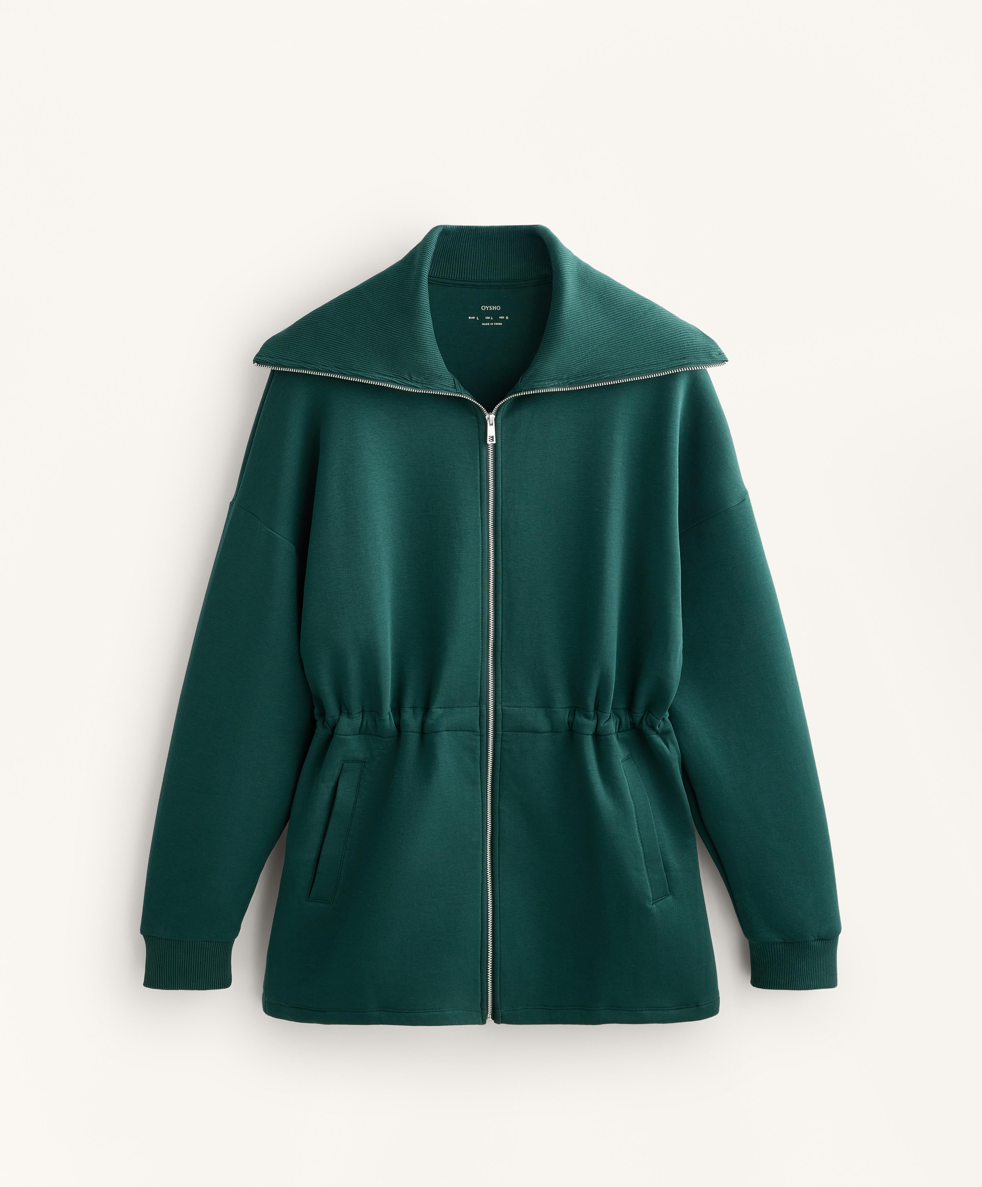 LONG JACKET WITH ADJUSTABLE WAIST, RIB COLLAR IN A COTTON BLEND