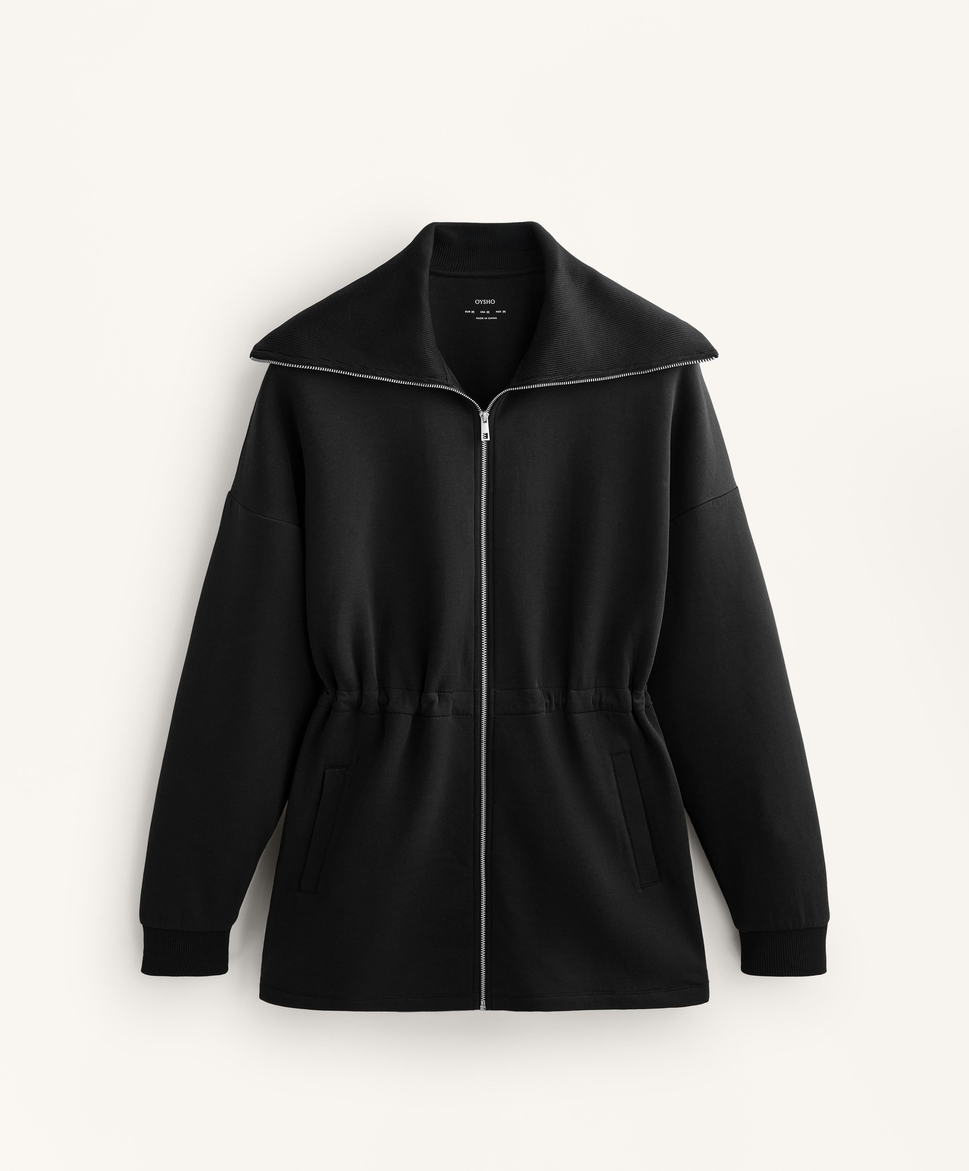 LONG JACKET WITH ADJUSTABLE WAIST, RIB COLLAR IN A COTTON BLEND