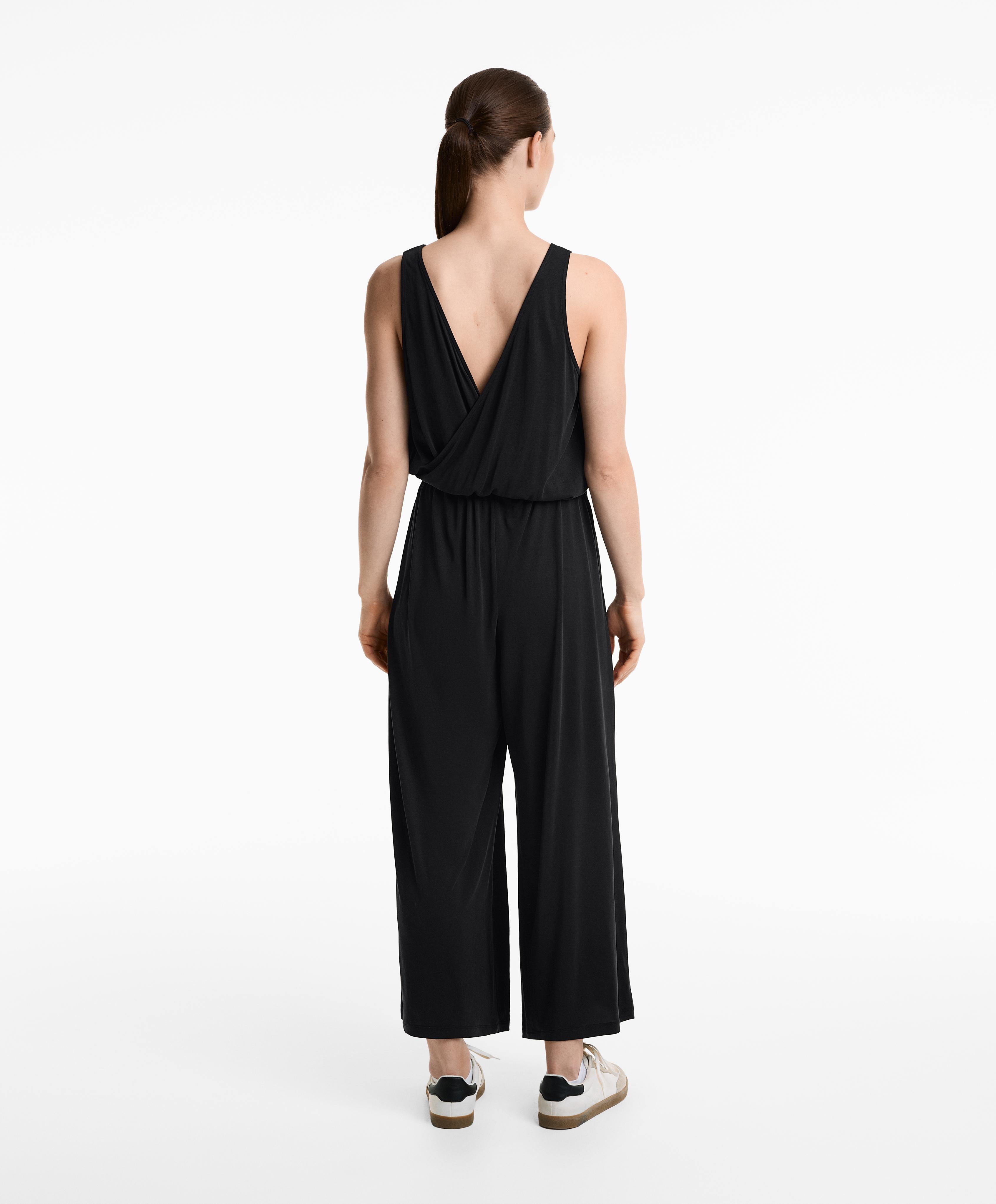 CROSSOVER BACK FLOWY MIDI JUMPSUIT WITH MODAL