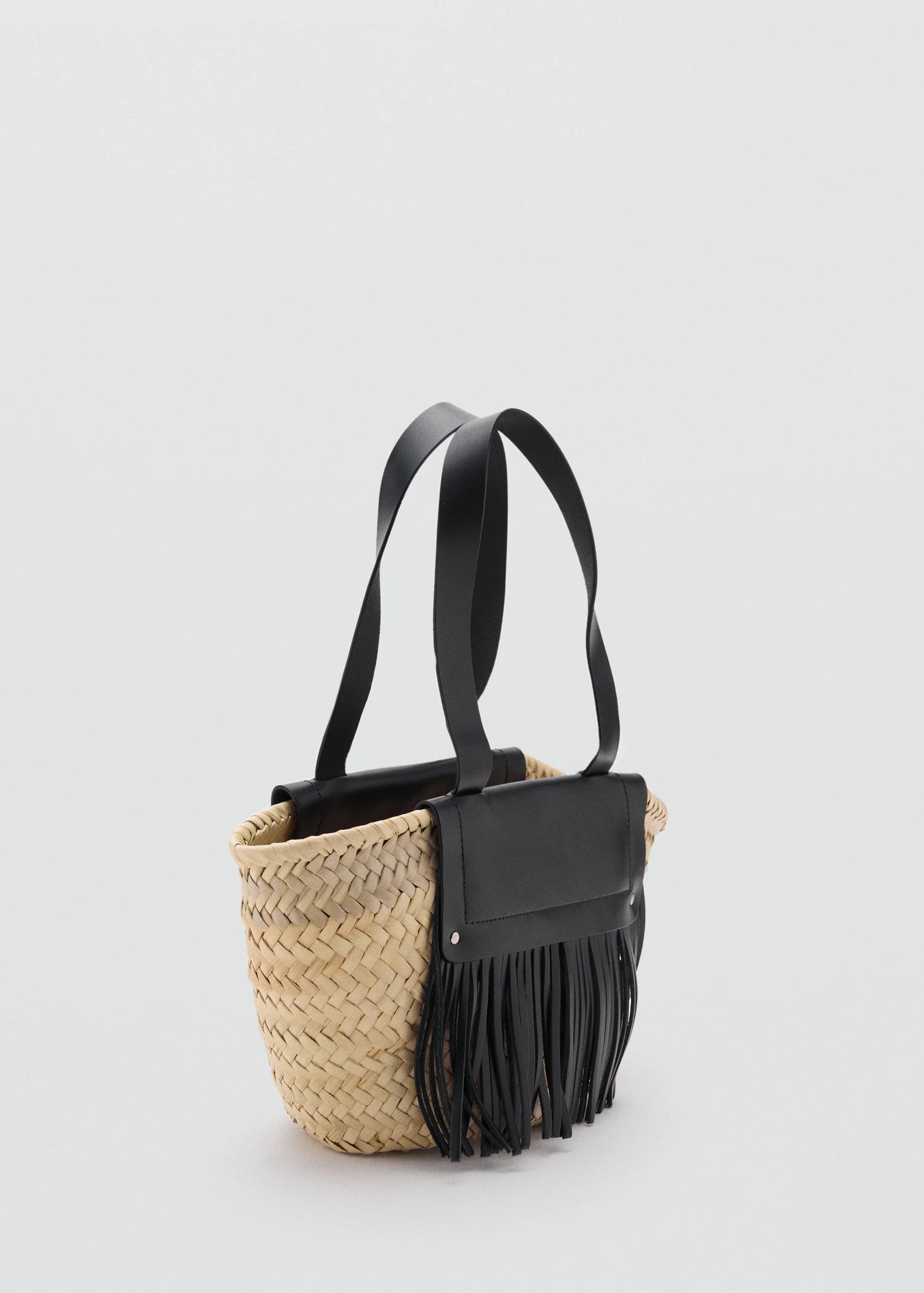 Small Natural Fibre Basket With Leather Fringes Black