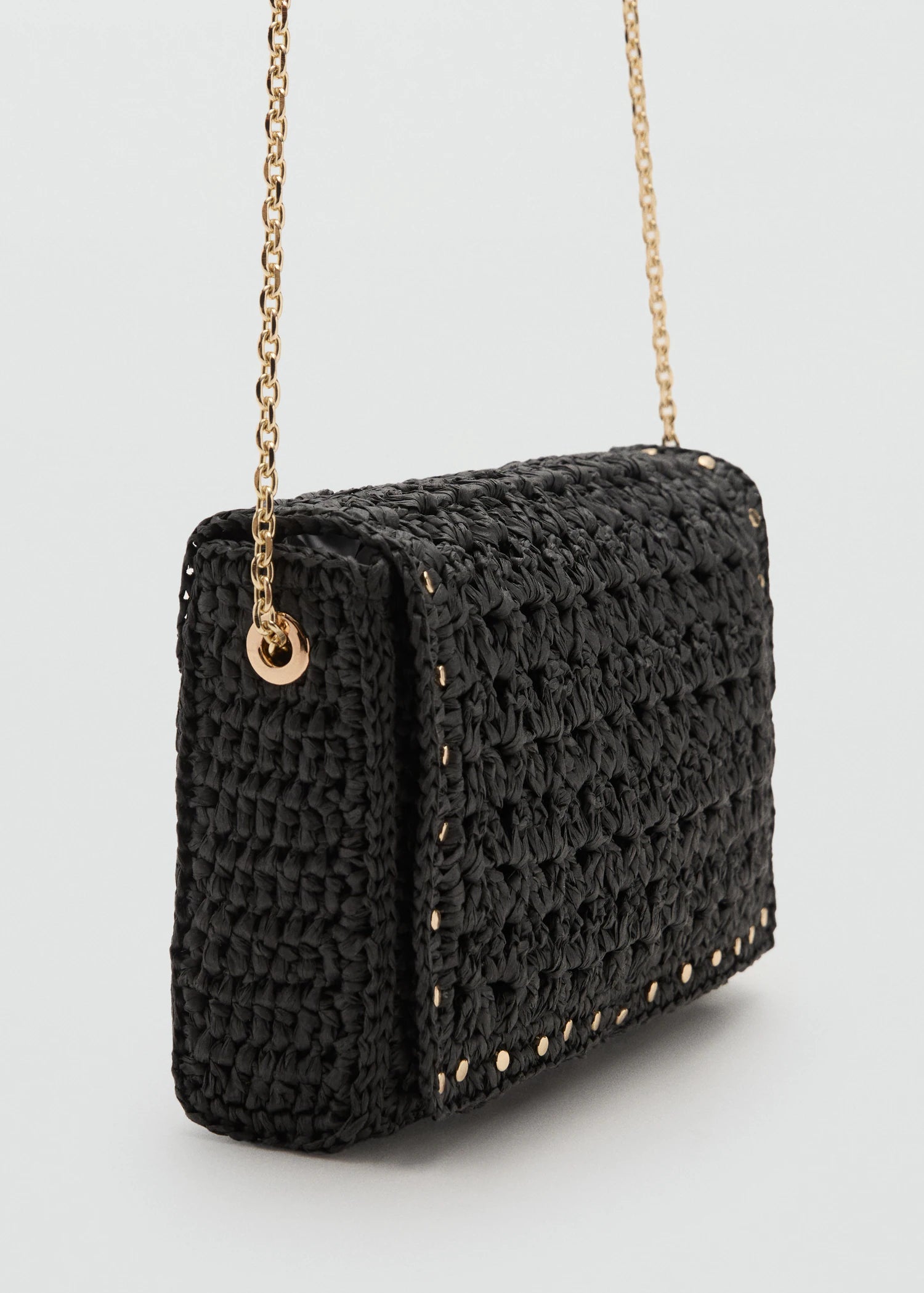 Natural Fibre Shoulder Bag With Studs Black