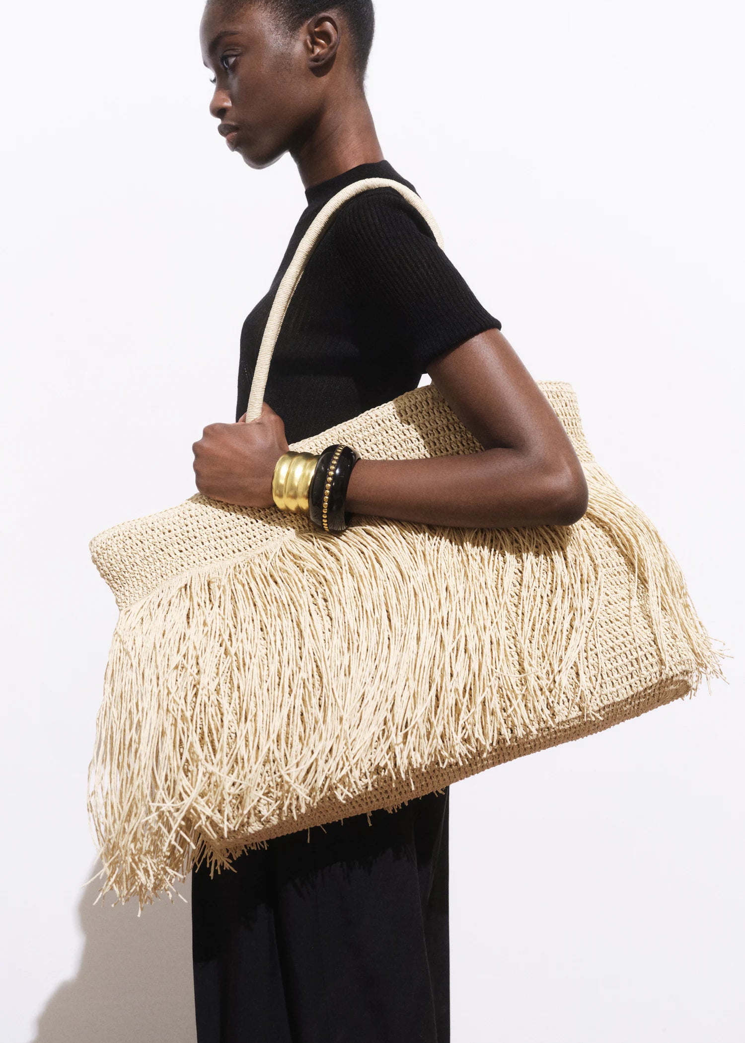 Natural Fibre Shopper Bag With Tassels Beige