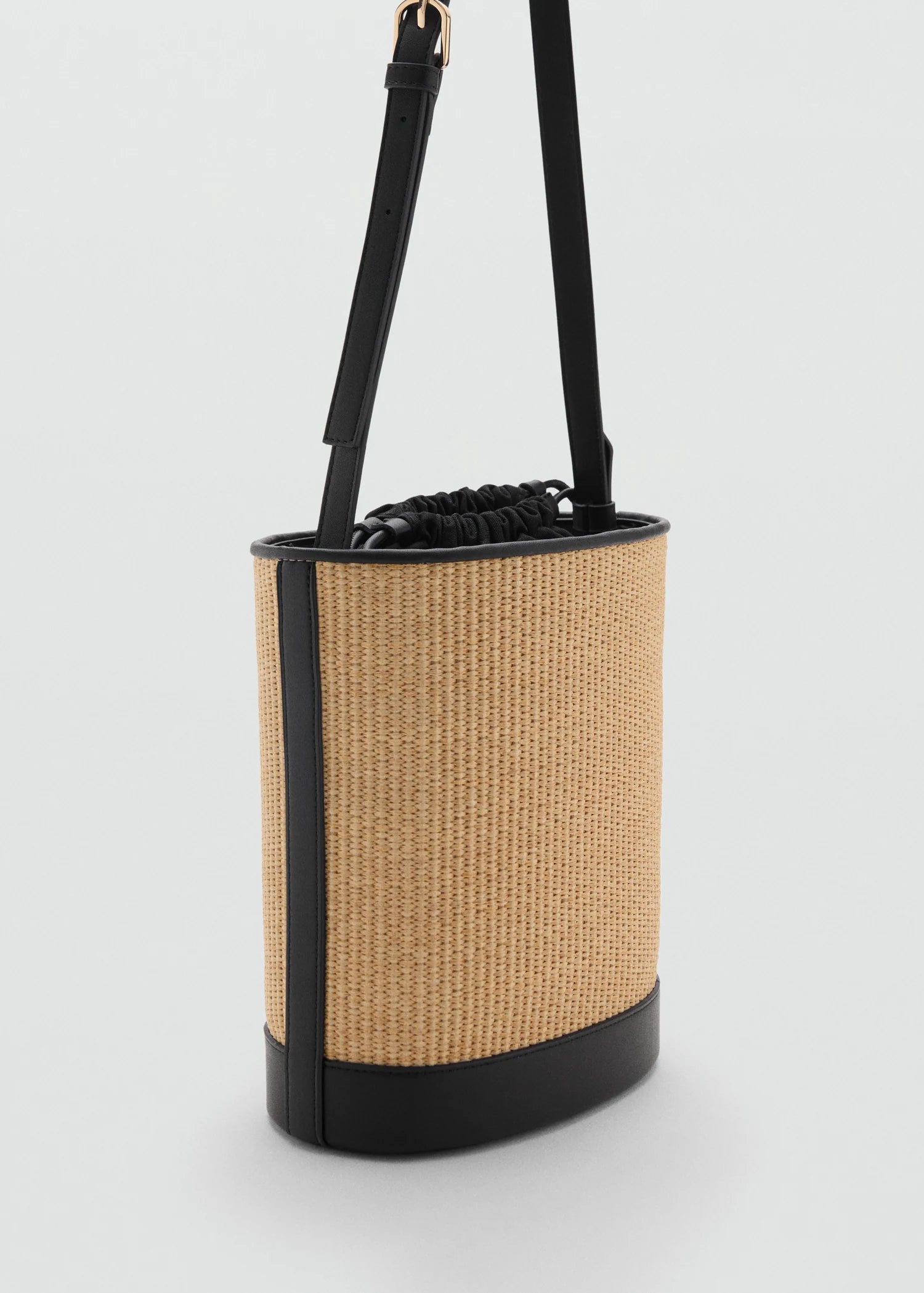 Medium Raffia Effect Bucket Bag Black