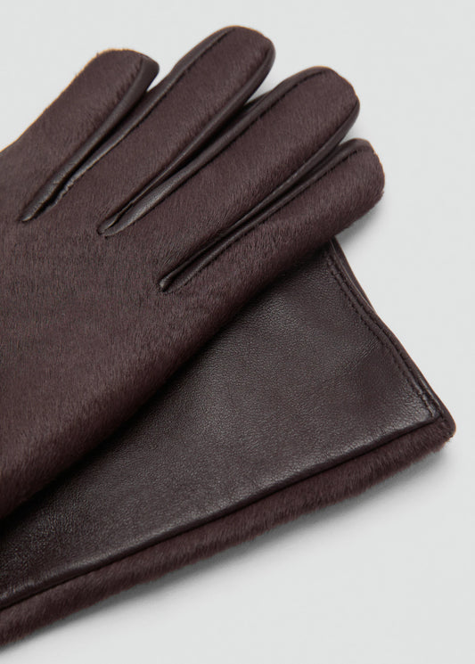Long Leather And Fur Effect Gloves Chocolate