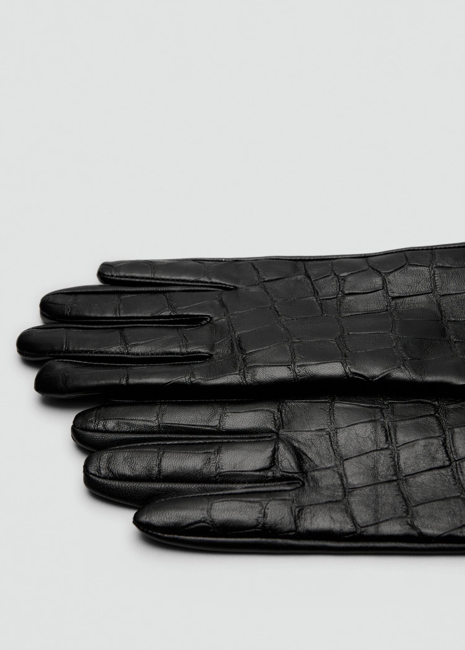 Long Croc Effect Leather Gloves Black