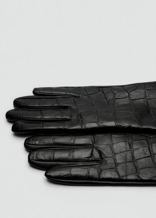Long Croc Effect Leather Gloves Black