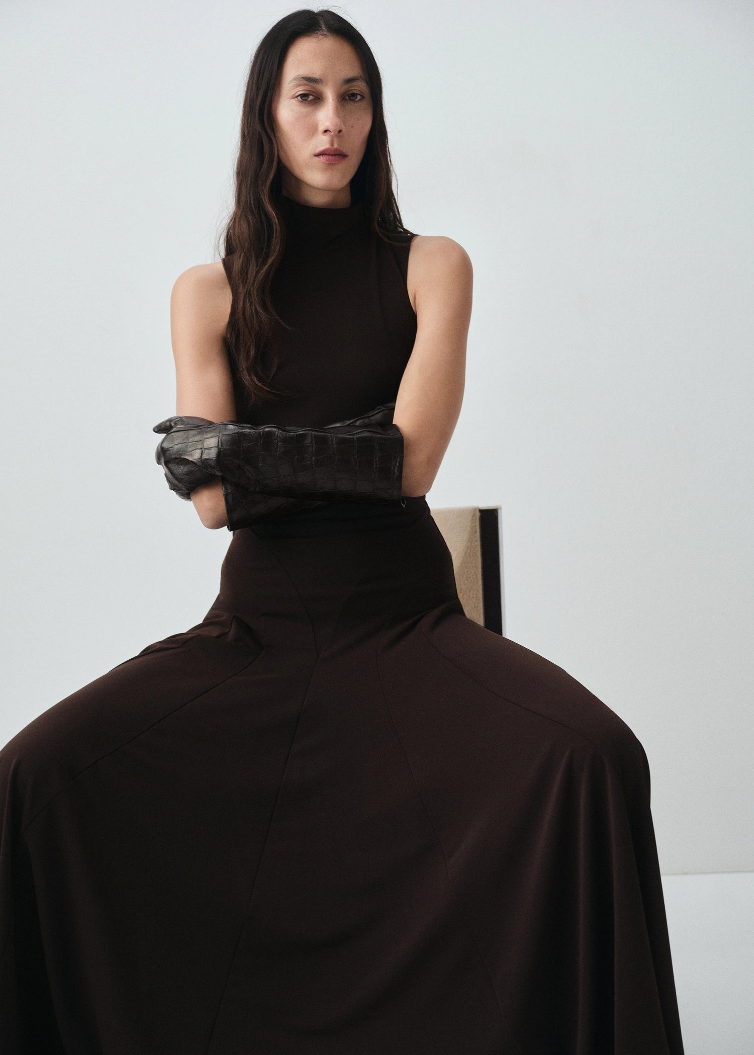 Long Croc Effect Leather Gloves Black