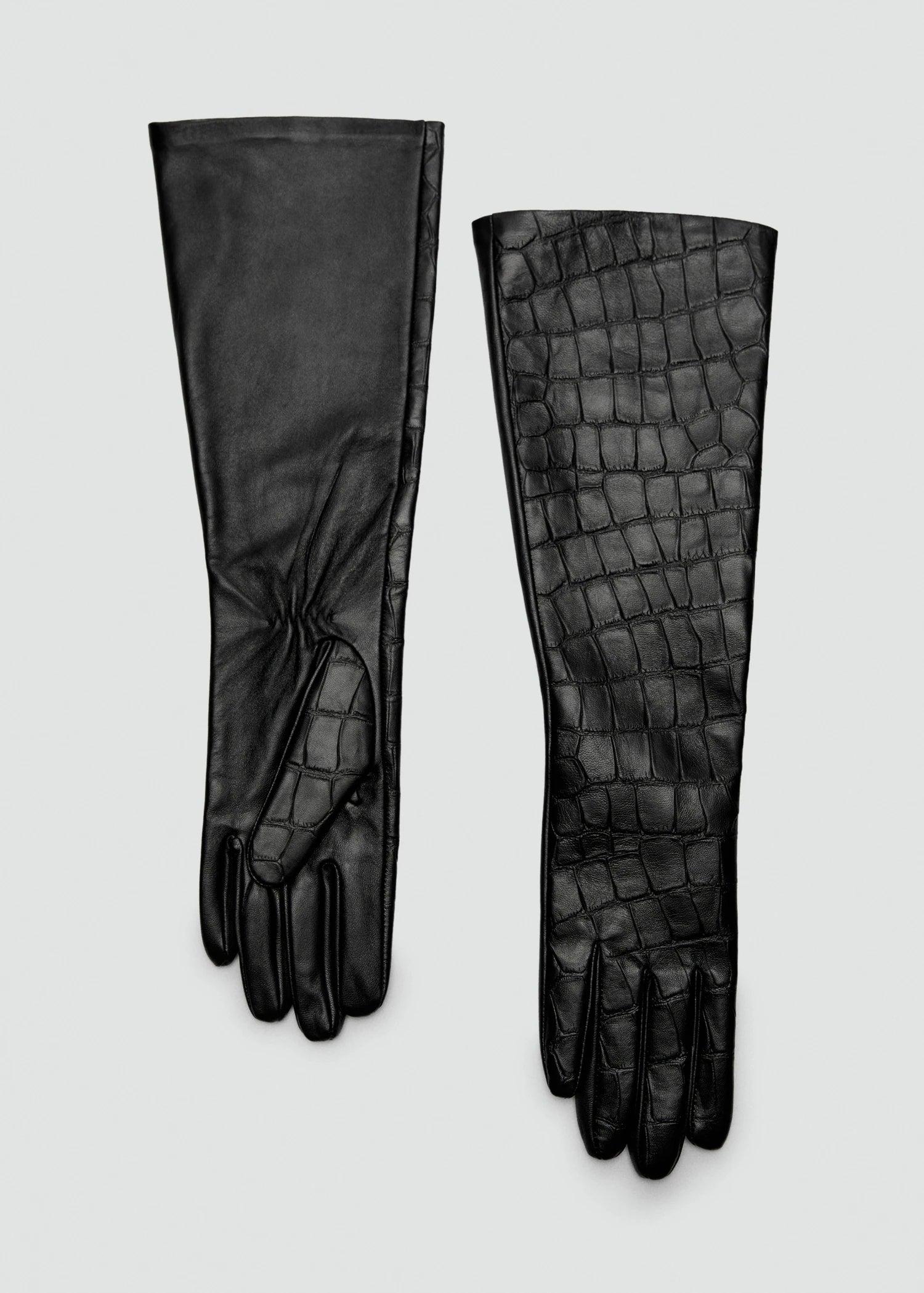 Long Croc Effect Leather Gloves Black
