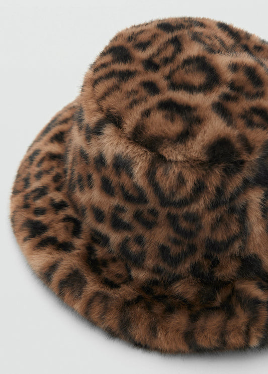 Leopard Print Fur Effect Bucket Hat Brown
