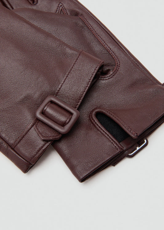 Leather Gloves With Buckle Burgundy