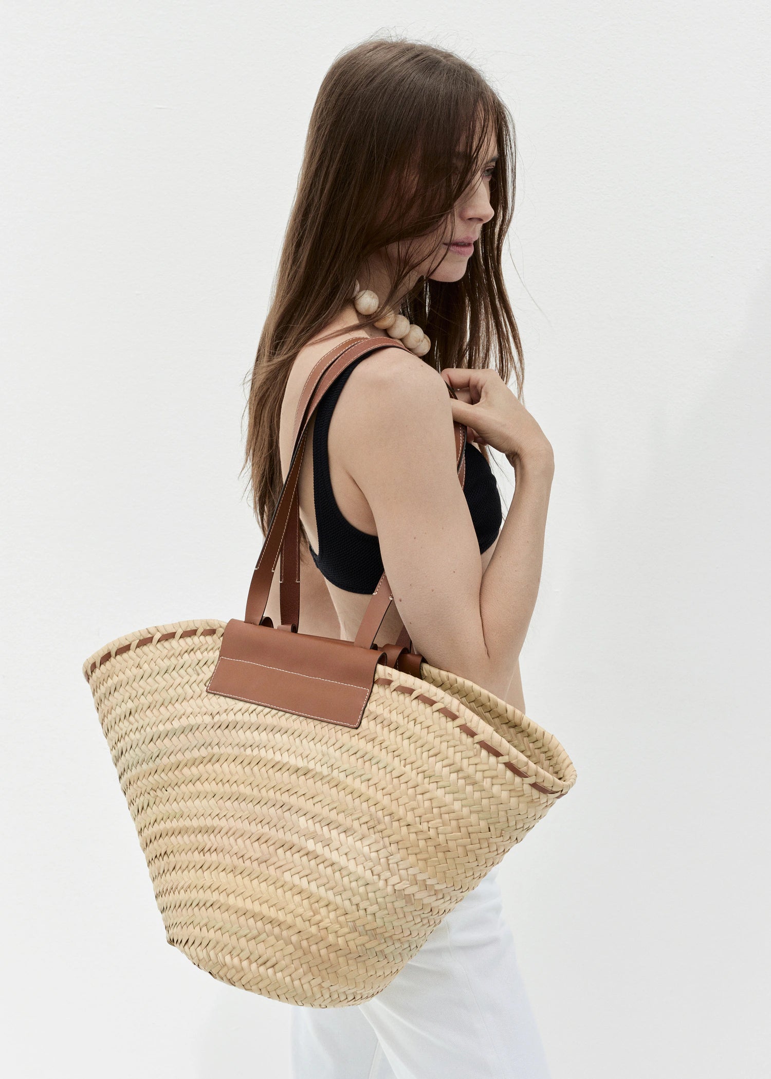 Large Natural Fibre Basket With Leather Handle Leather