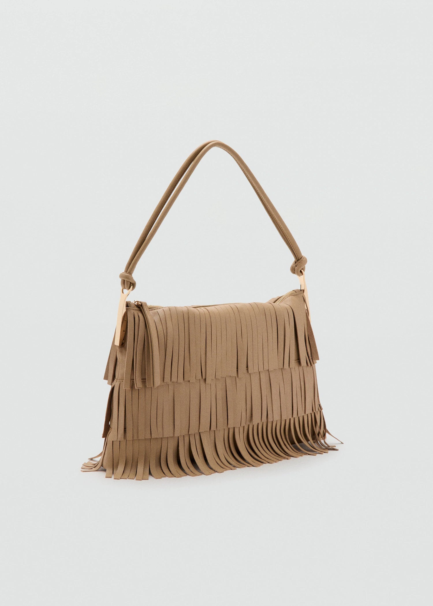 Large Leather Shoulder Bag With Fringes Beige