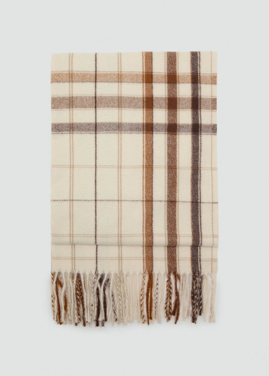 Check Scarf With Fringed Ends Ecru