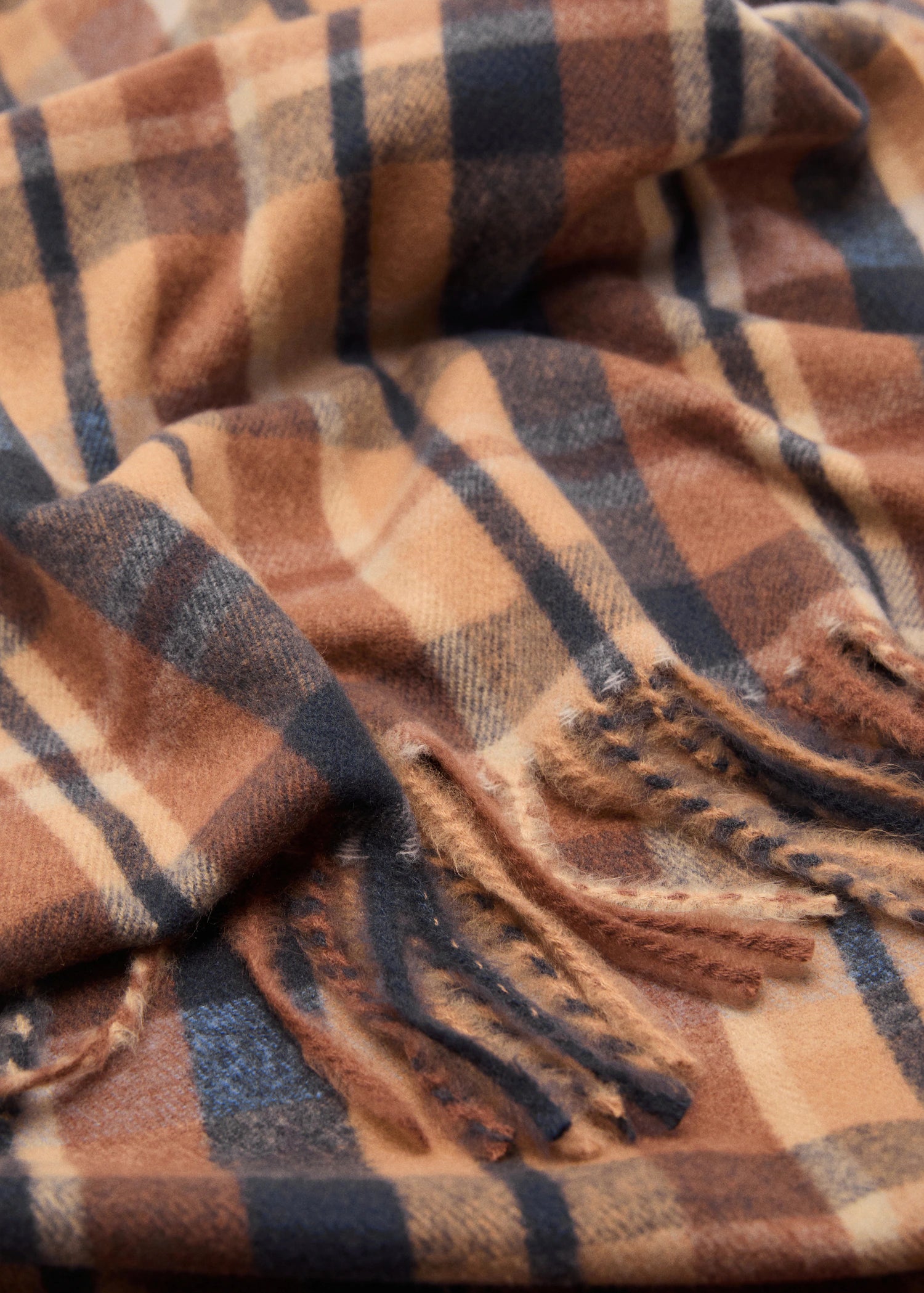 Check Scarf With Fringed Ends Brown