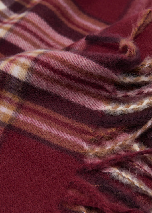 Check Scarf With Fringed Ends Burgundy