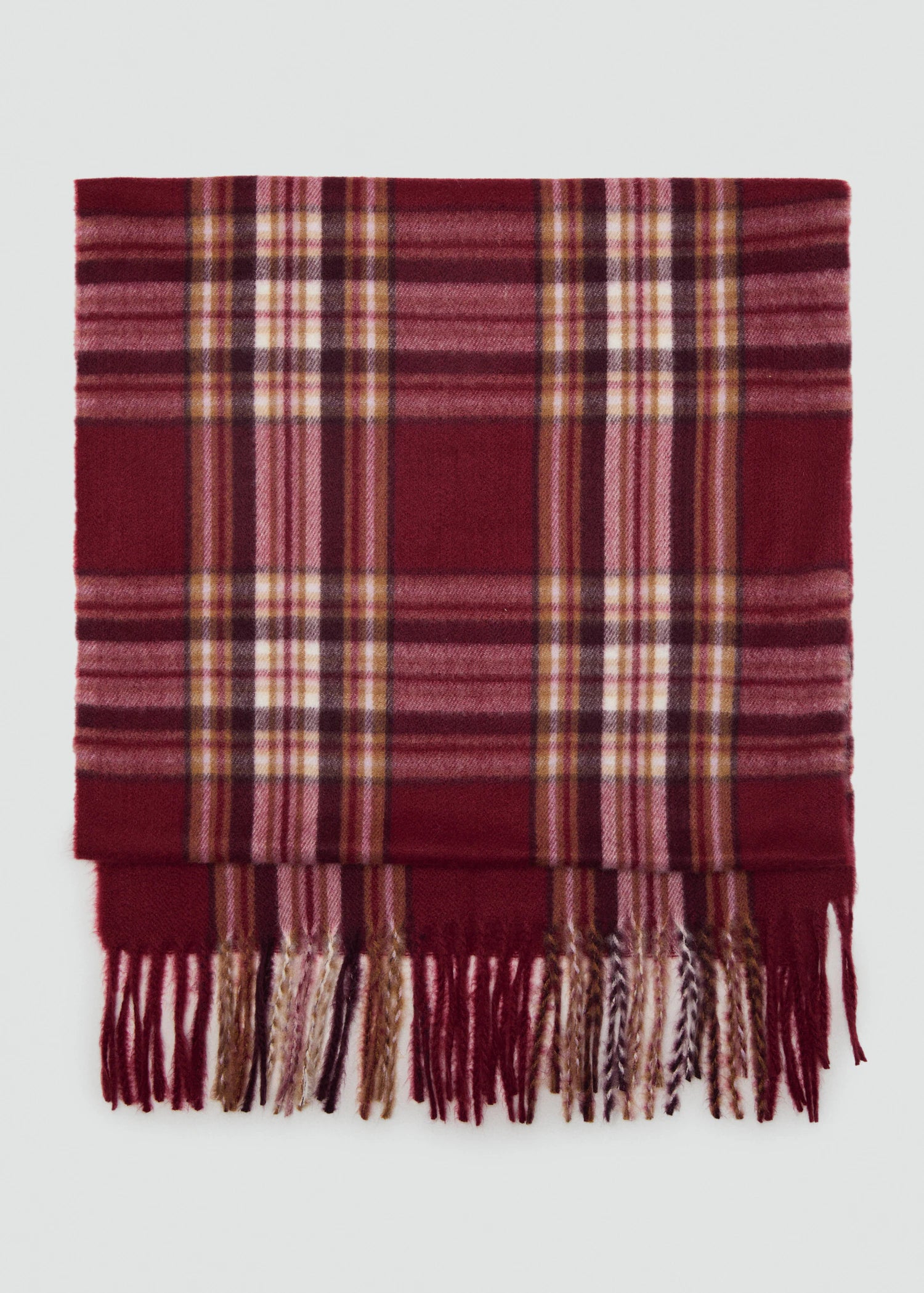 Check Scarf With Fringed Ends Burgundy