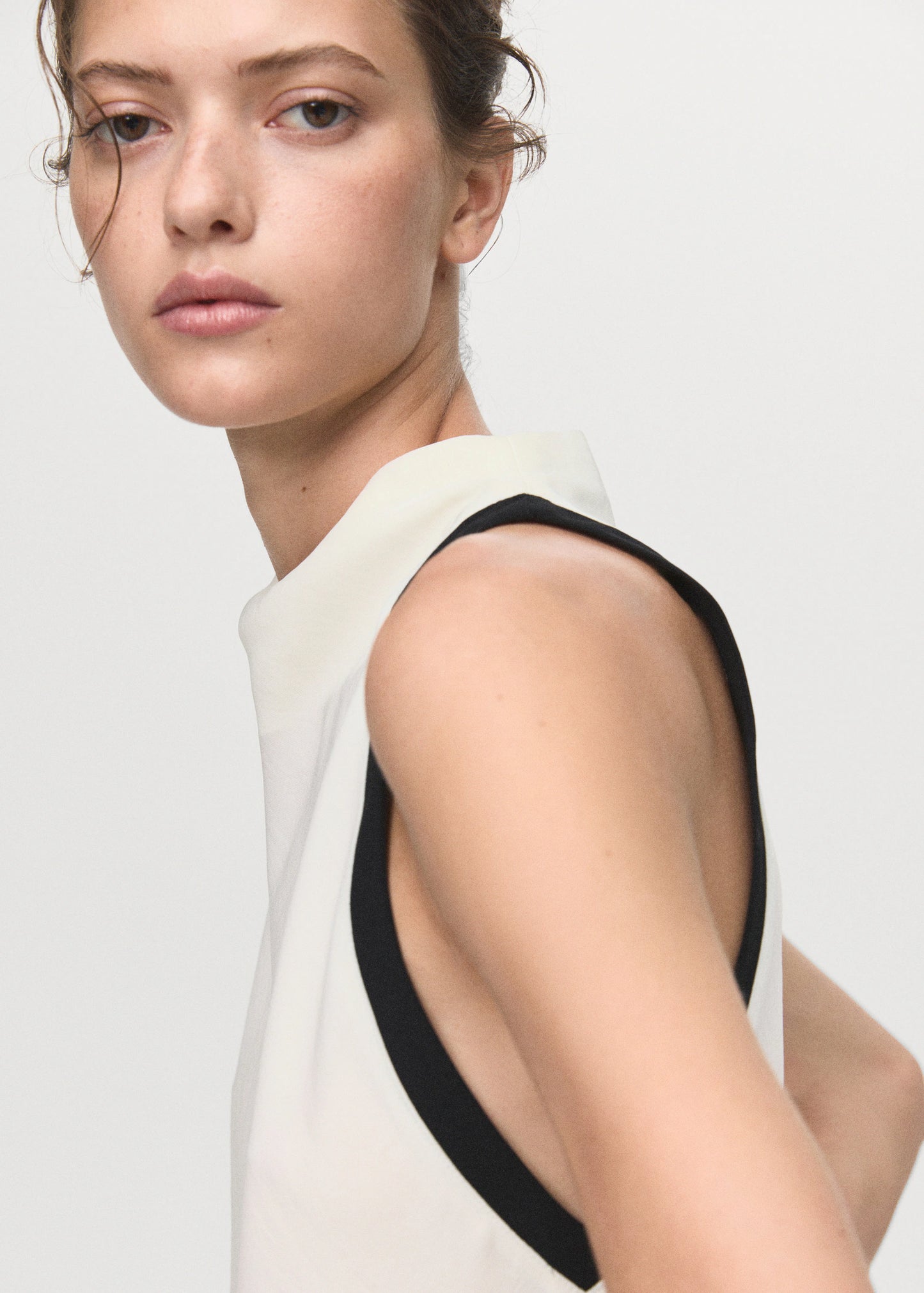 Blouse With Draped Collar And Contrasting Trim