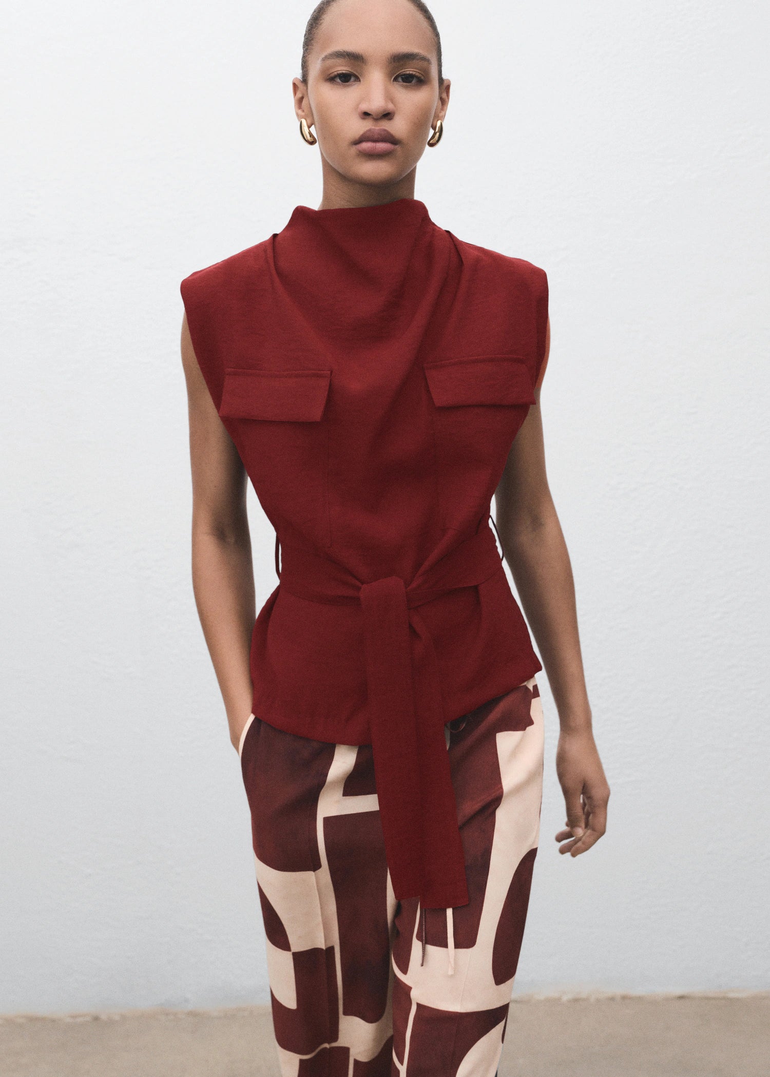 Blouse With Draped Neck And Belt