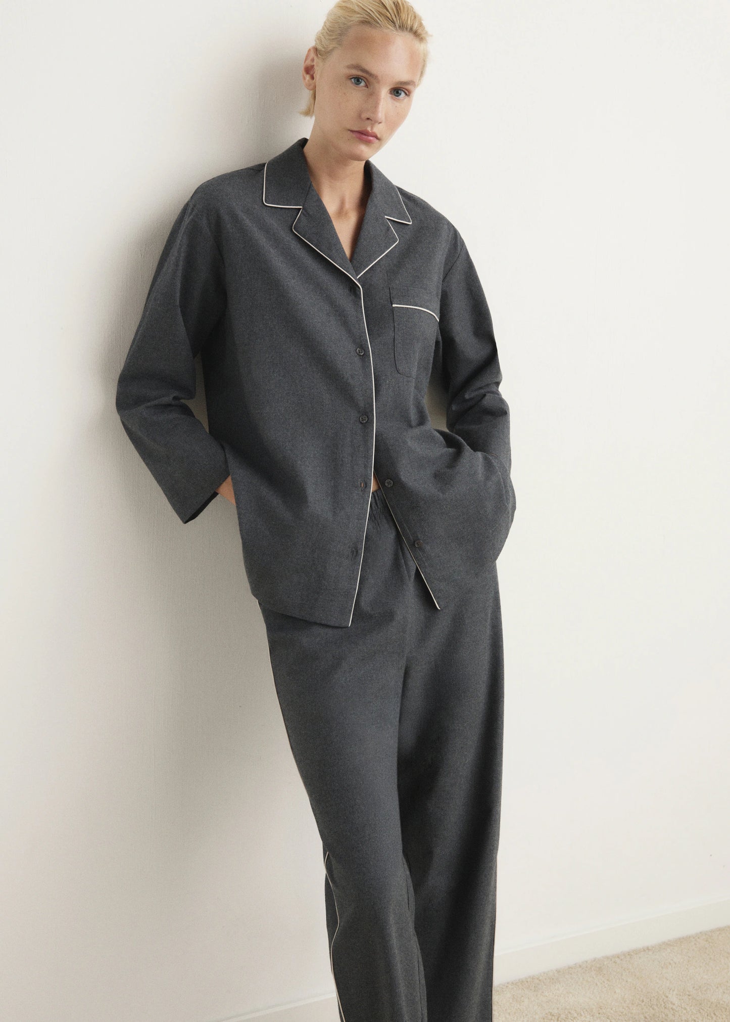 Cotton Flannel Shirt With Contrasting Piping