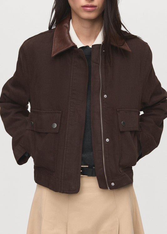 Denim Parka With Leather Effect Collar