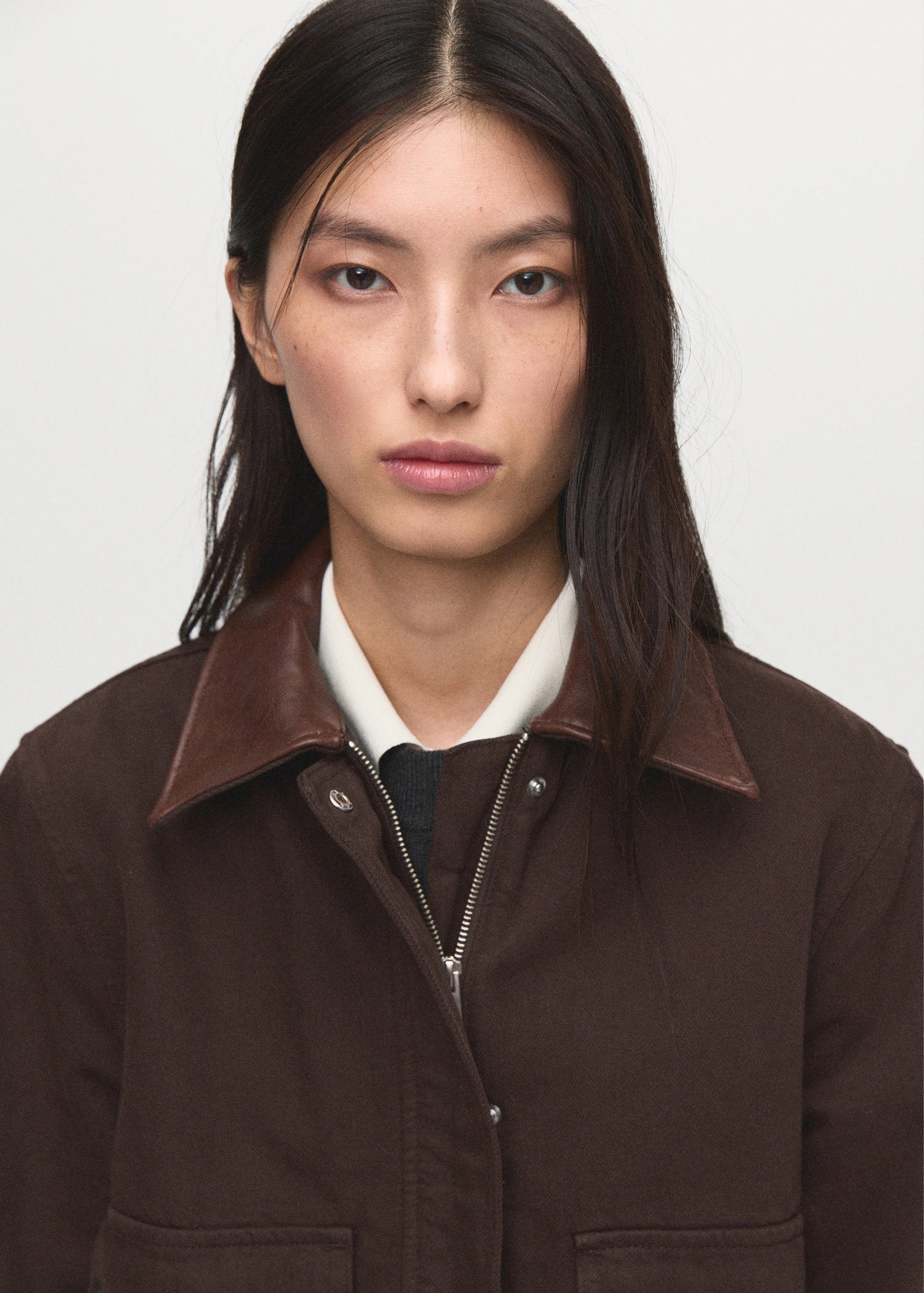 Denim Parka With Leather Effect Collar