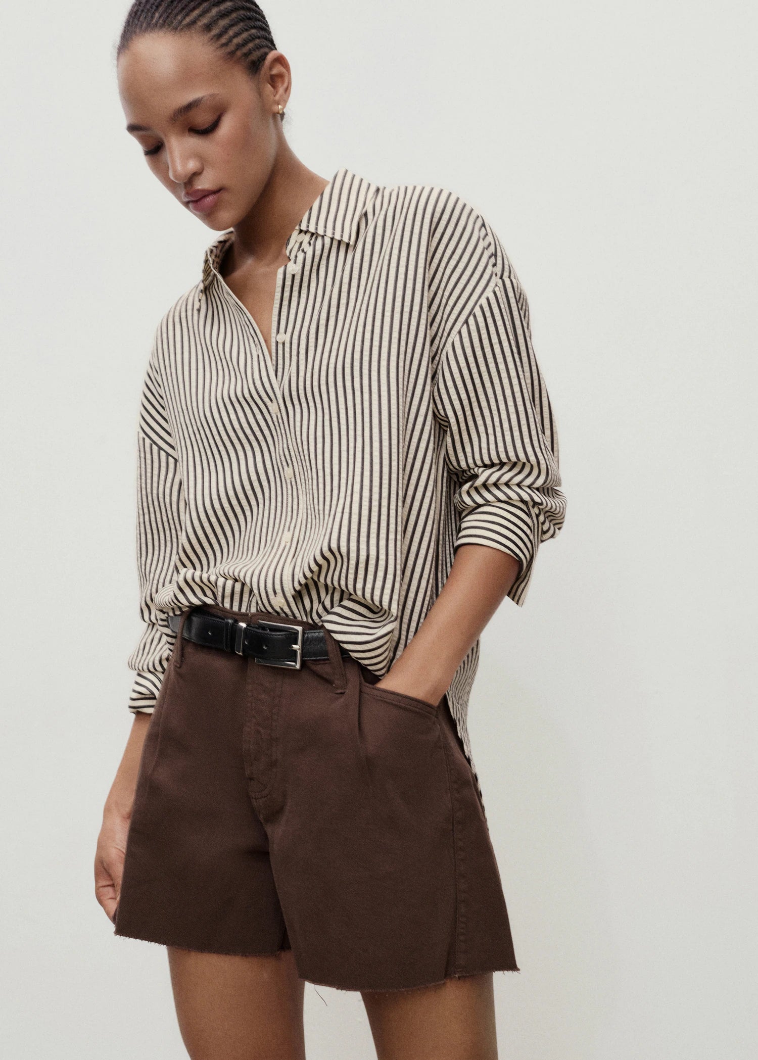 Denim Shorts With Frayed Hem And Pleats