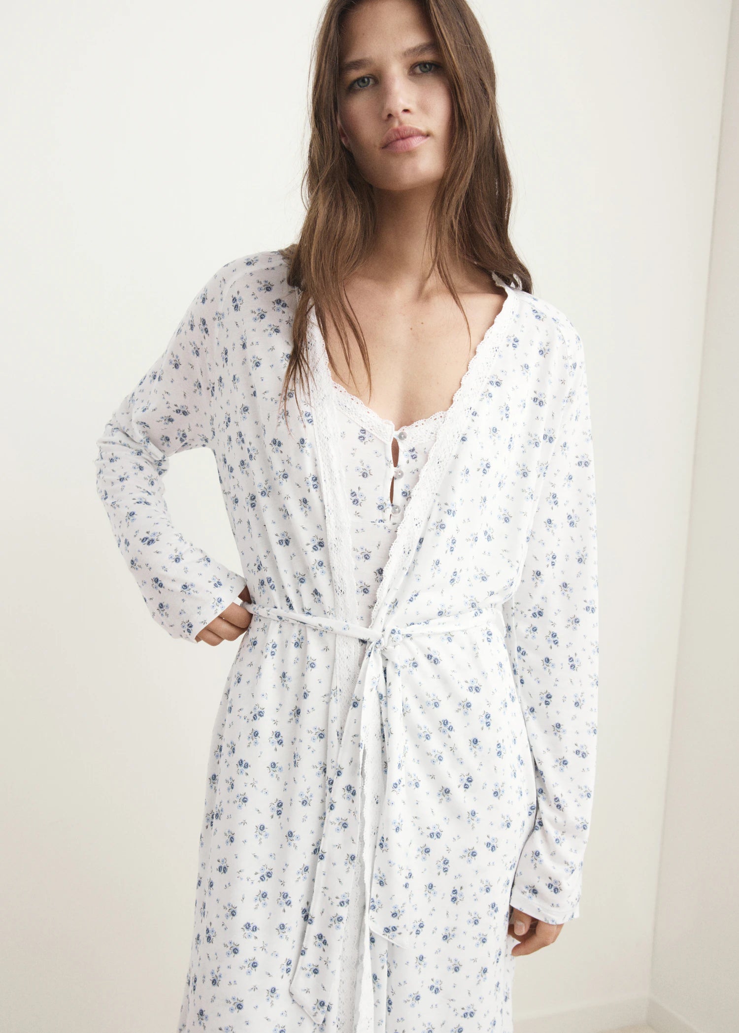 Floral Print Dressing Gown With Lace Trim