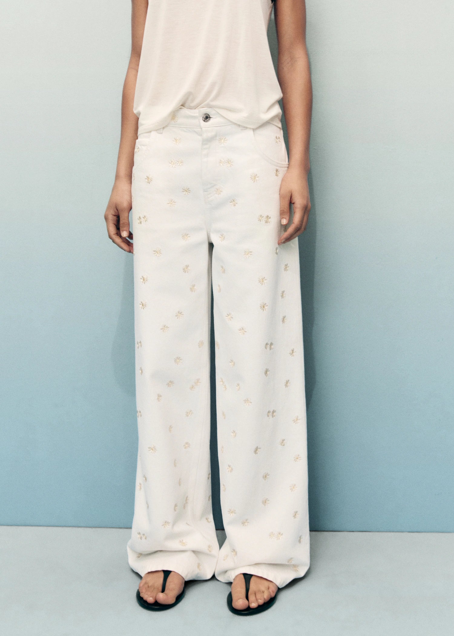 Flower Embroidered Wide Leg Jeans