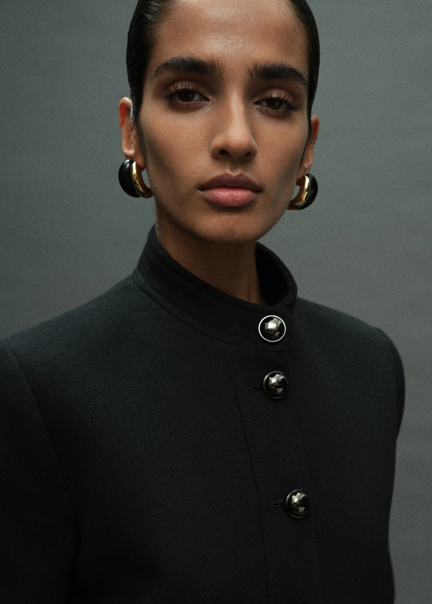 Jacket With Jewel Button Strip Collar