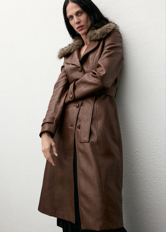 Leather Effect Coat With Fur Collar