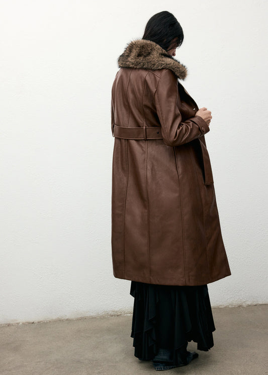 Leather Effect Coat With Fur Collar