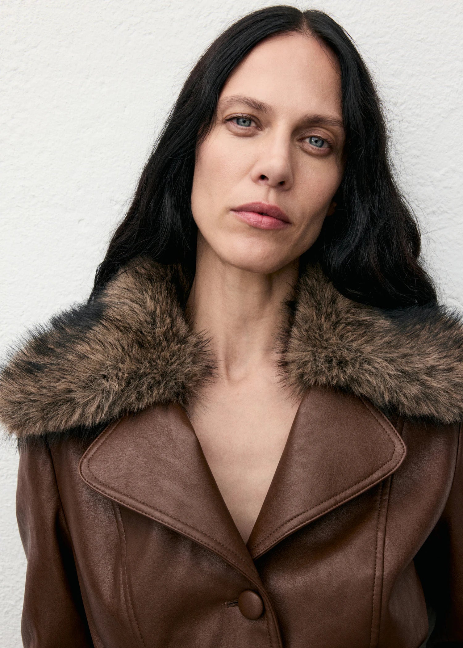 Leather Effect Coat With Fur Collar