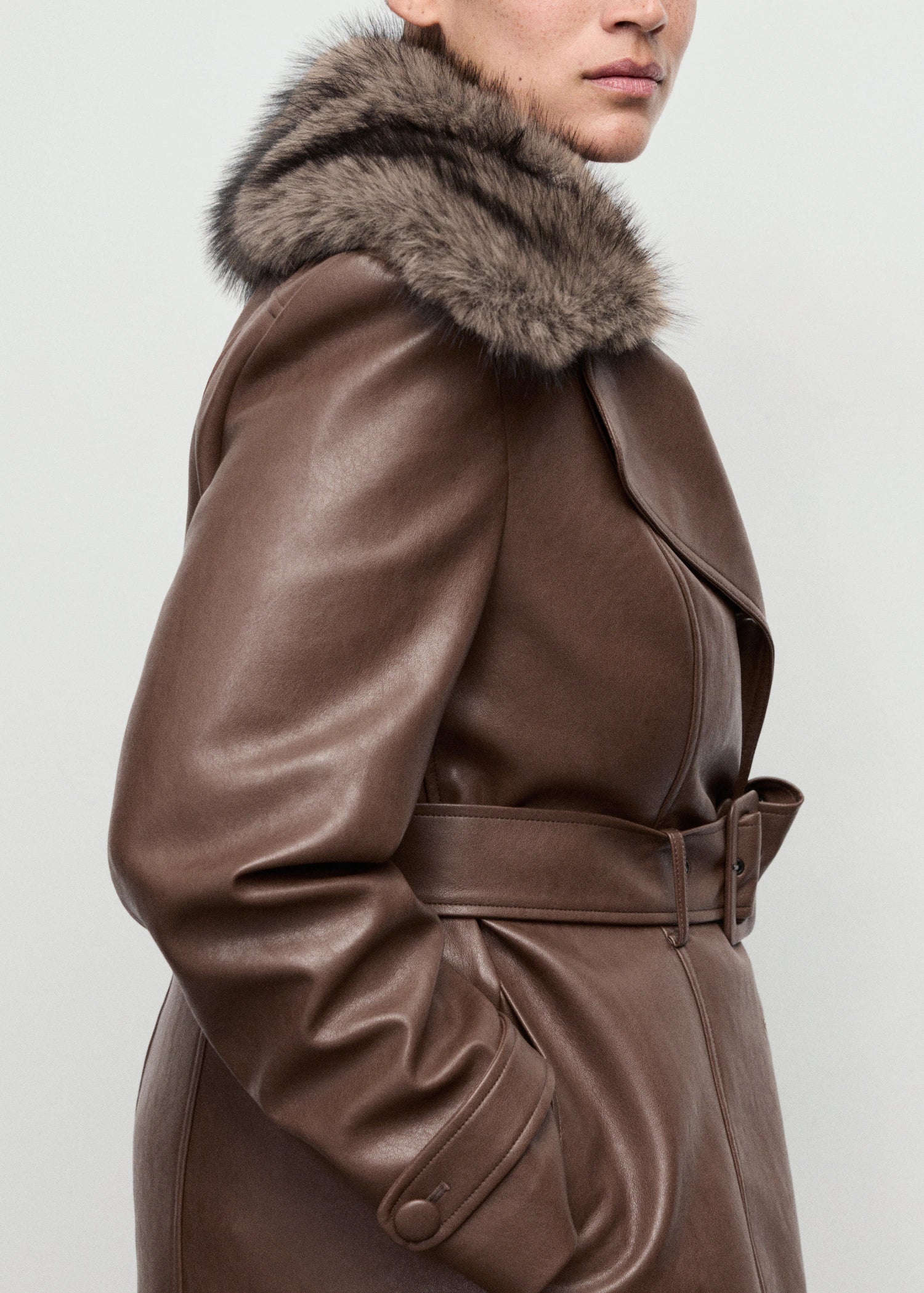 Leather Effect Coat With Fur Collar