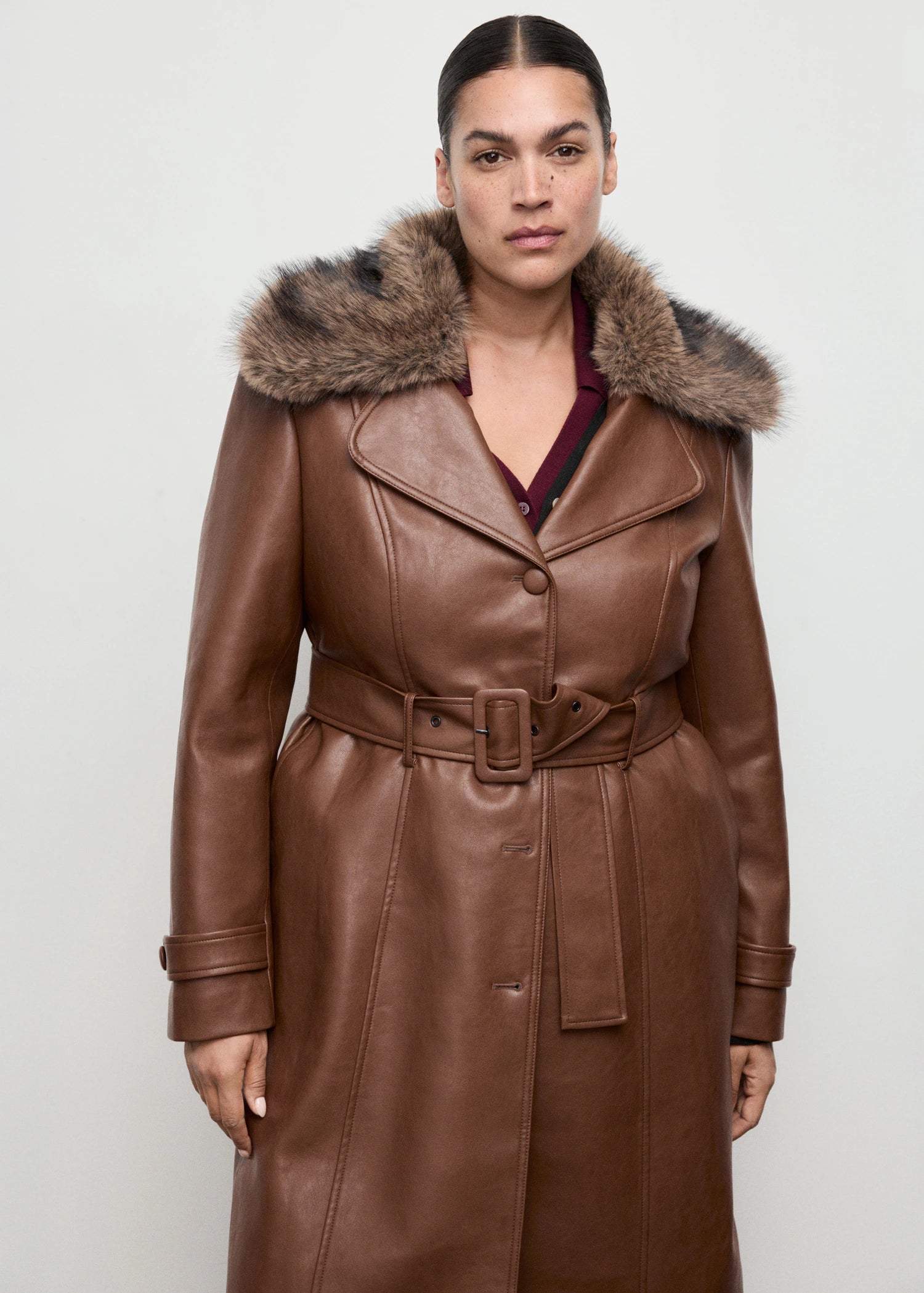 Leather Effect Coat With Fur Collar