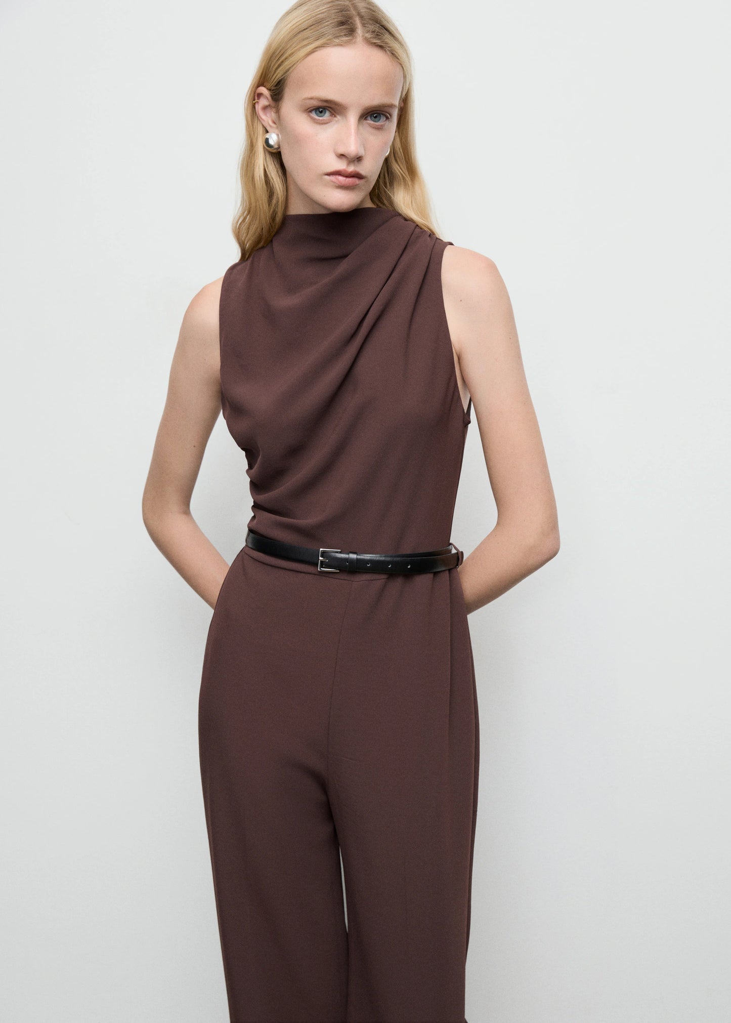 Long Jumpsuit With Draped Neck And Belt