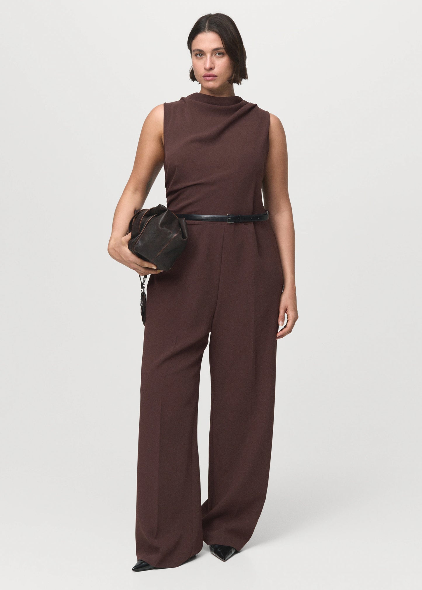 Long Jumpsuit With Draped Neck And Belt