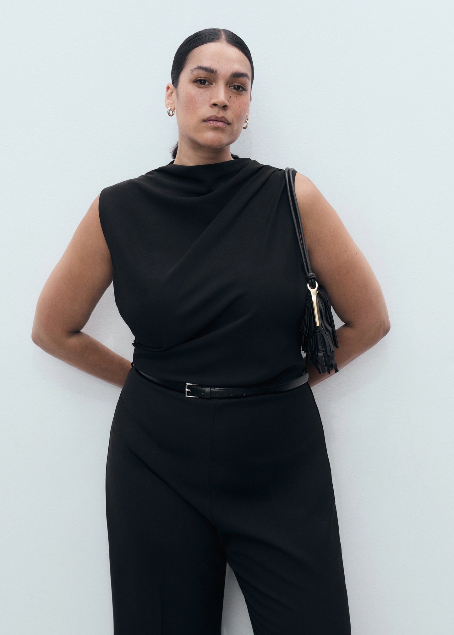 Long Jumpsuit With Draped Neck And Belt