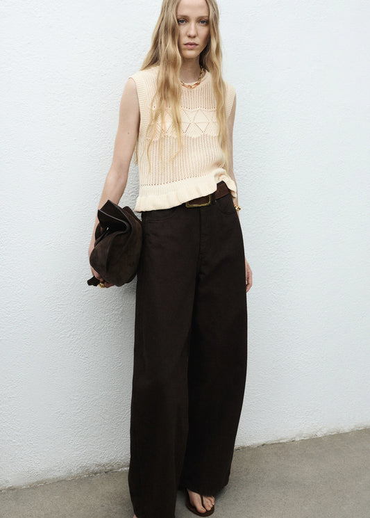 Openwork Knit Waistcoat With Ruffle