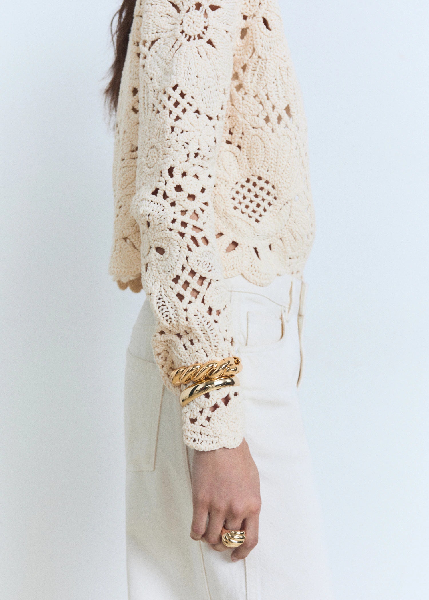 Openwork Knitted Jacket With Scalloped Hem