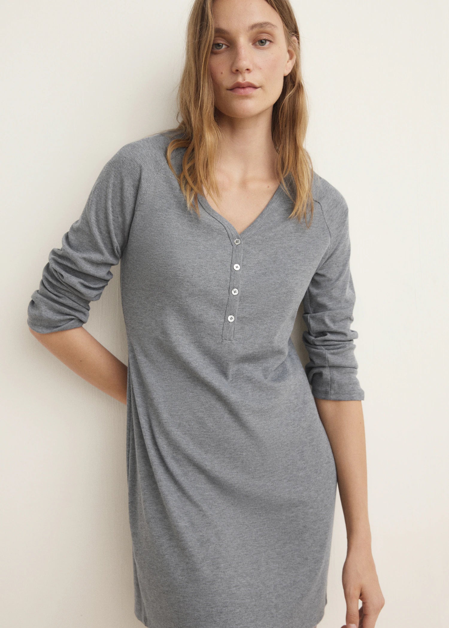 Ribbed Knit Nightdress With Buttons