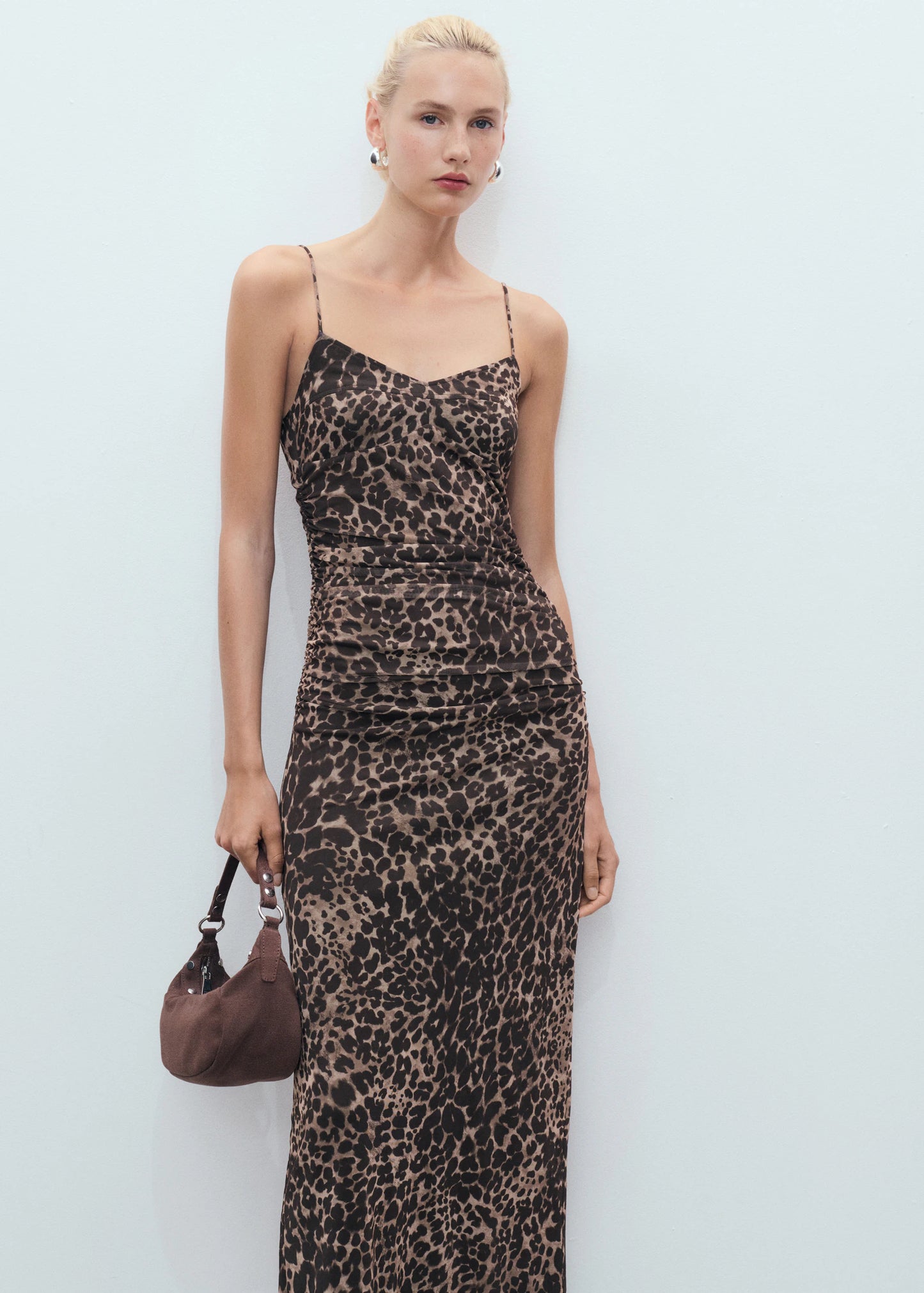 Ruched Leopard Print Midi Dress