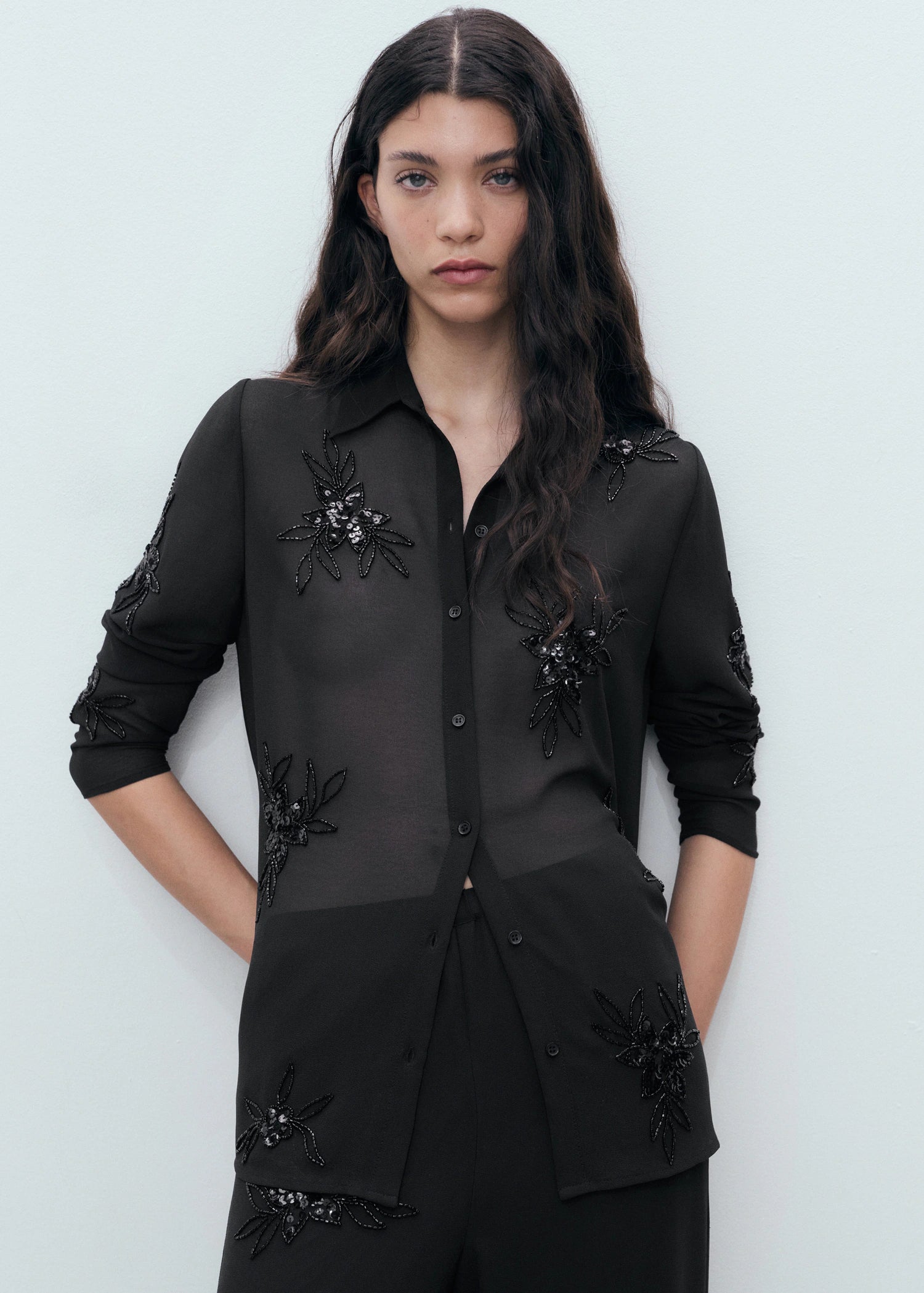 Semi Transparent Shirt With Rhinestone Embroidery