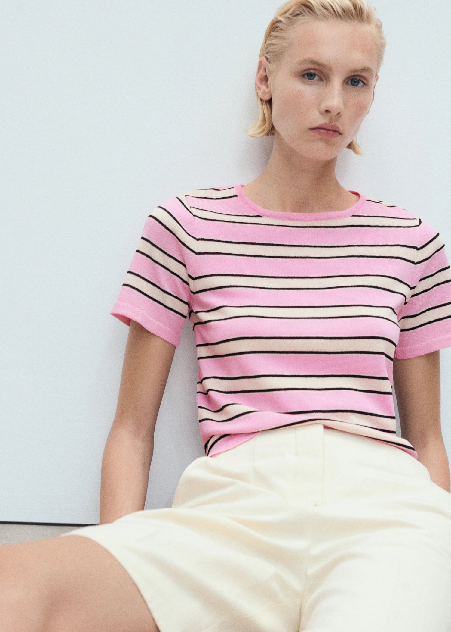 Short Sleeved Sweater With Combined Stripes