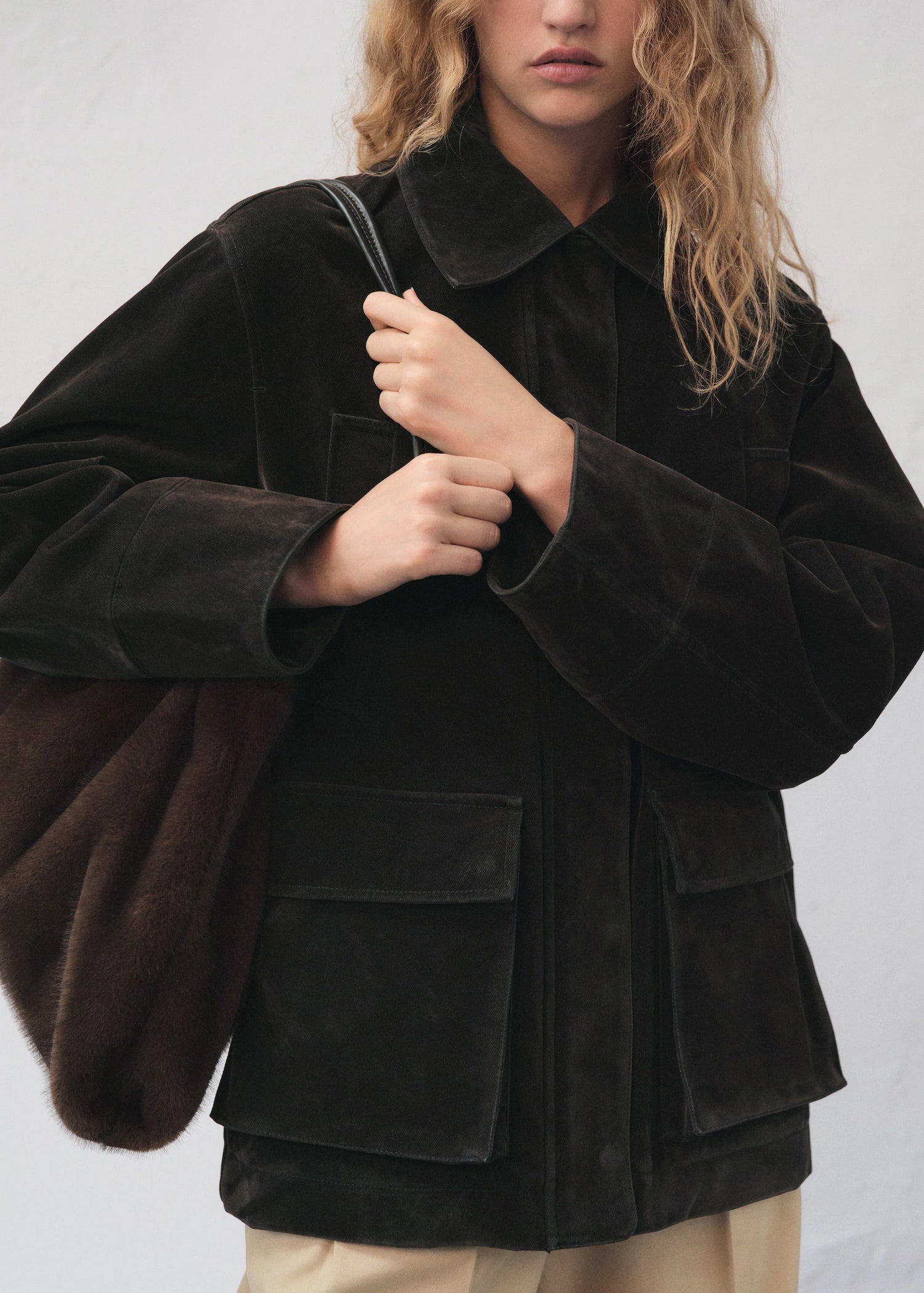 Velvet Finish Parka With Fur Effect Collar