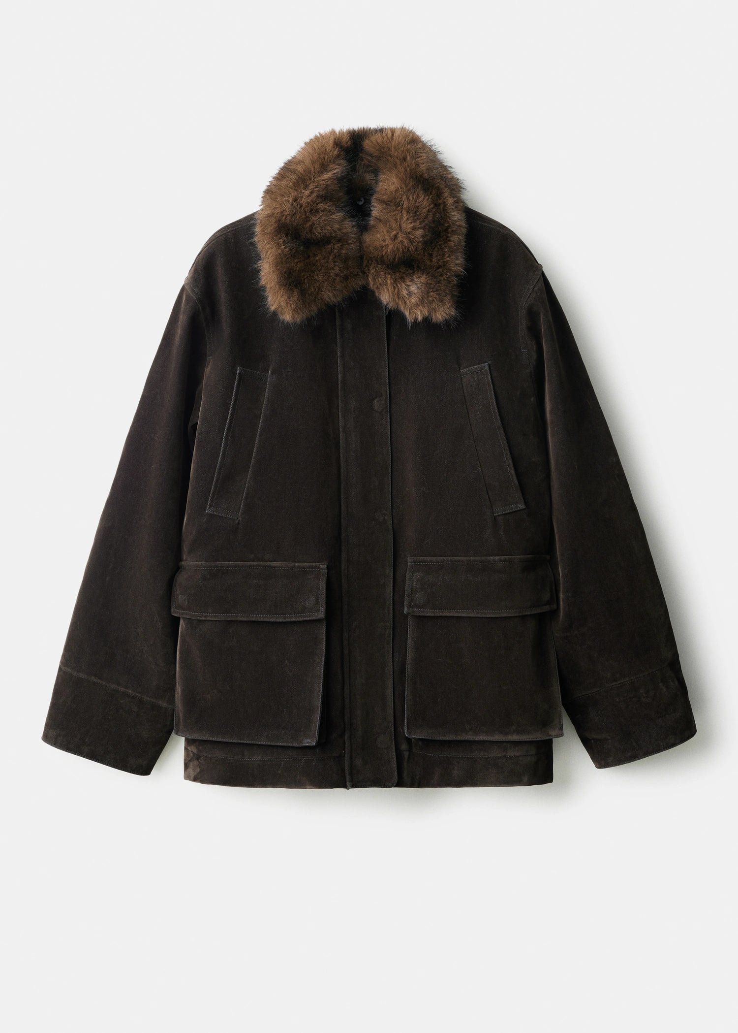 Velvet Finish Parka With Fur Effect Collar